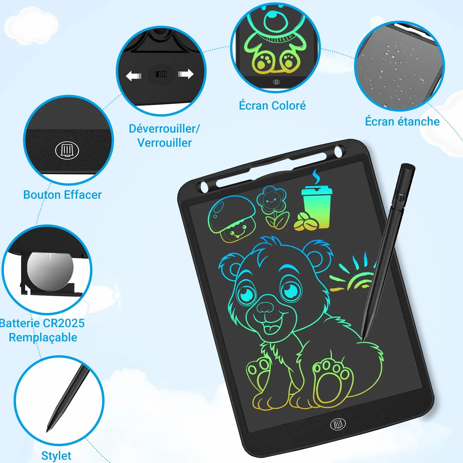 Tablette d'écriture LCD 10 Pouces Enfant Dessin Apprentissage Gribouillage Prise de Notes Noir