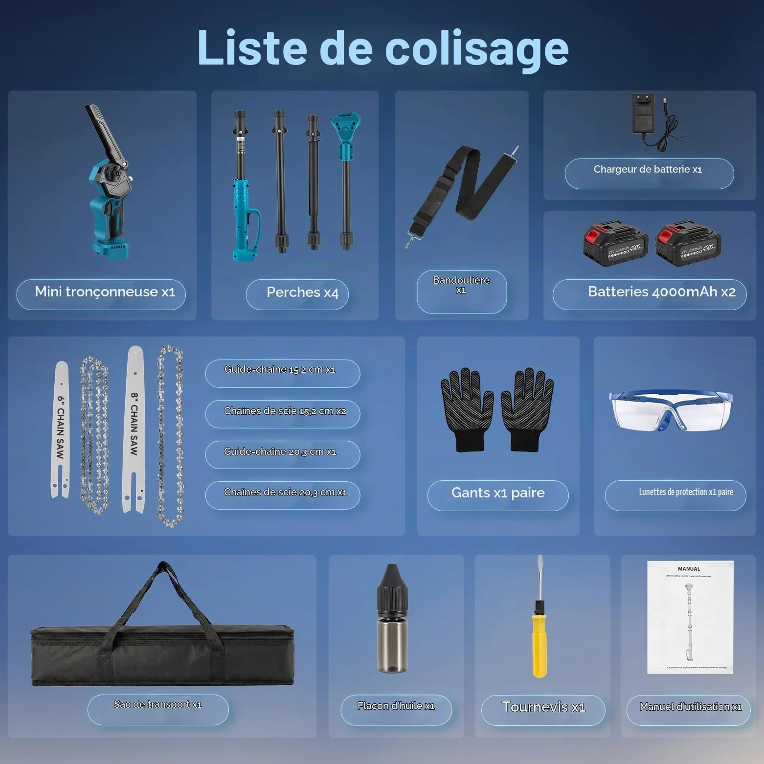 Élagueuse sur perche sans fil 4 en 1, mini tronçonneuse sans balais 6 et 8 pouces avec 2 batteries de 4000 mAh, portée de 4,6 m, outil de jardinage pour l'élagage et la coupe de branches