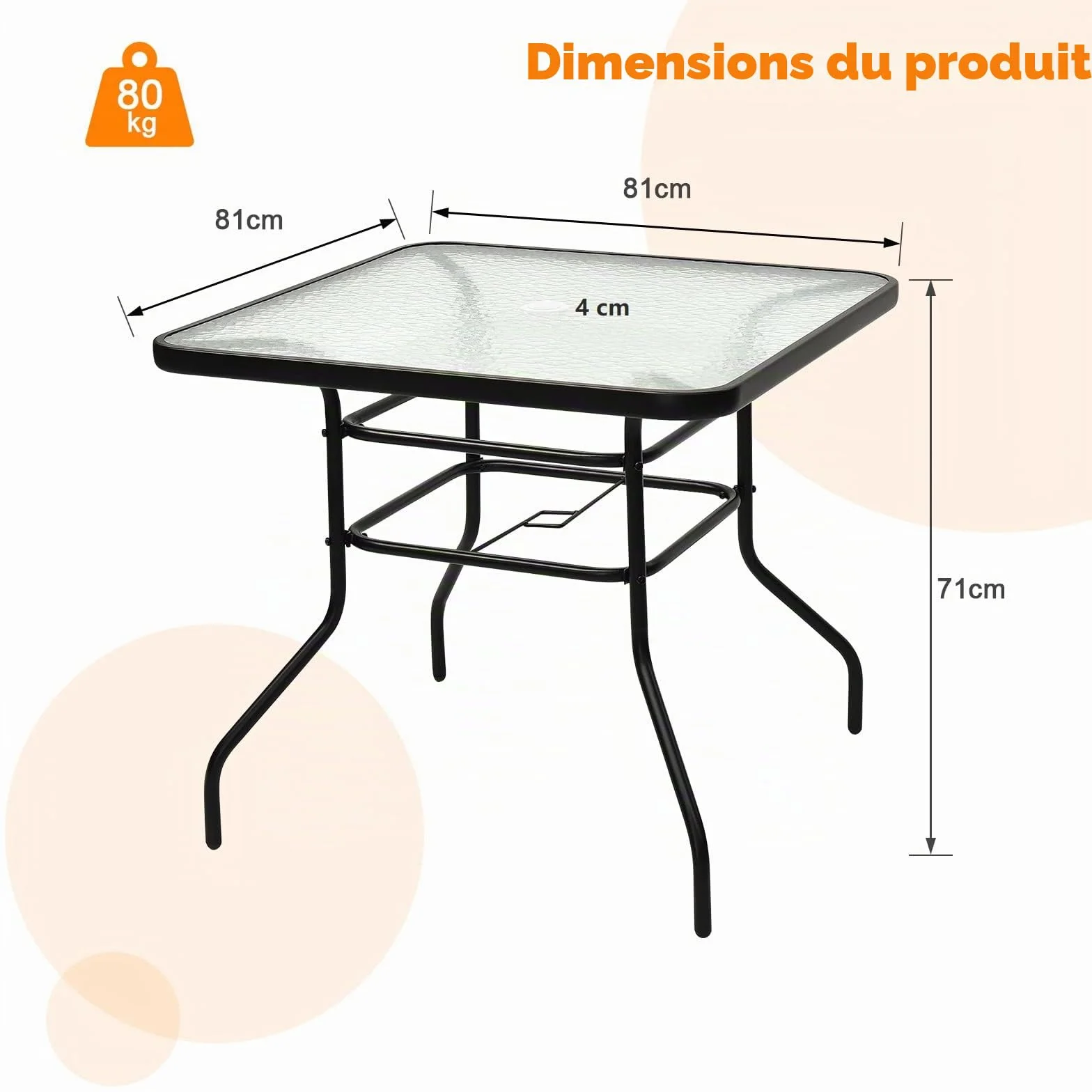 GIANTEX Table de Jardin Carré 81x81 cm Verre Trempé avec Trou de Parasol Métal Laqué