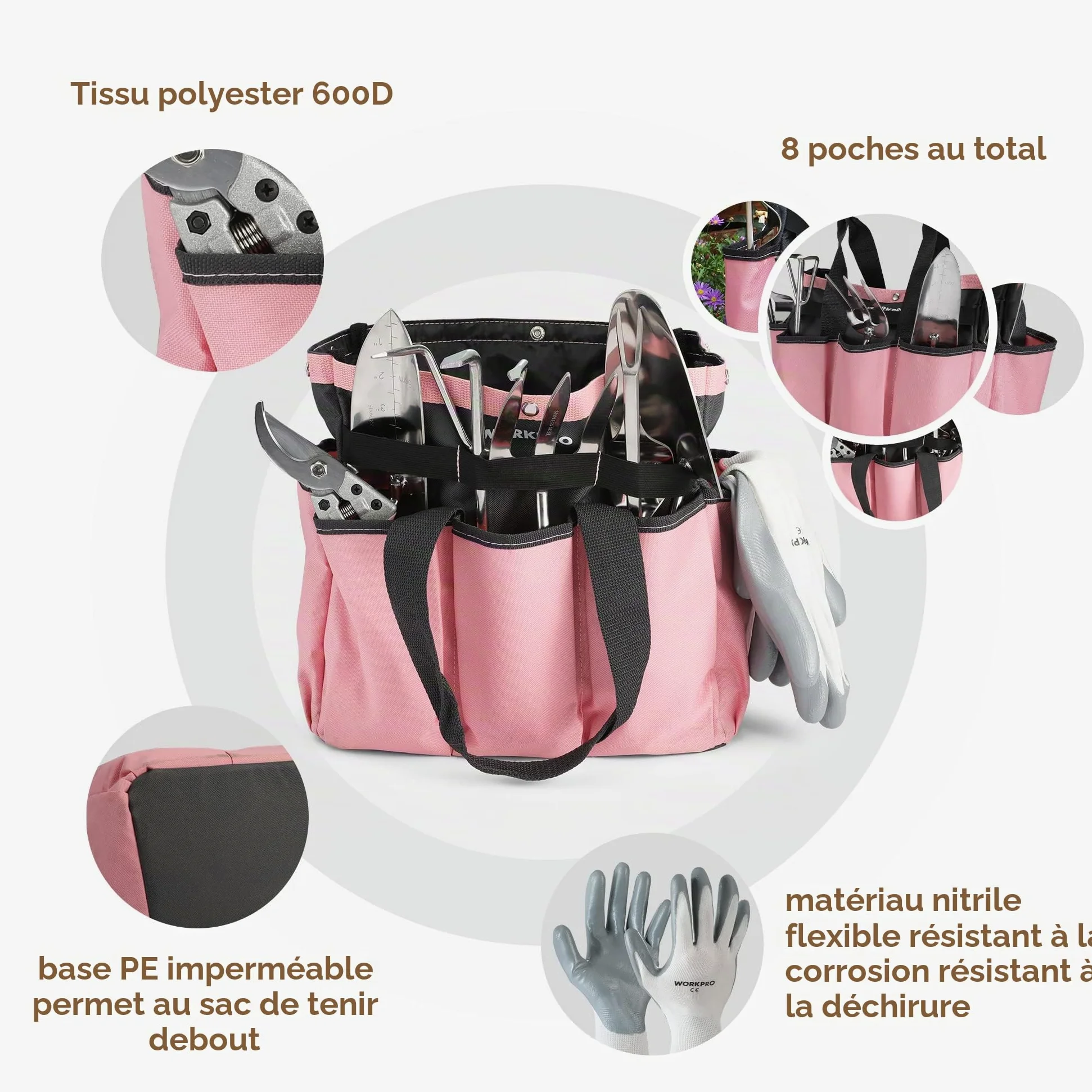 WORKPRO Ensemble d'Outils de Jardinage Rose 8 Pièces en Acier Inoxydable | Poignées en Bois, avec Sécateur, Gants, Sarcloir, Griffe, Fourche, Pelle à Terreau et Transplantoir