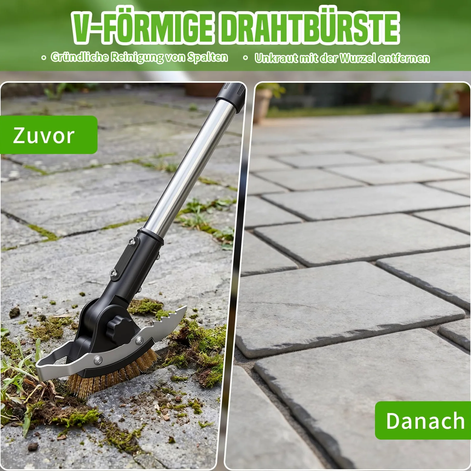 Hysagtek Grattoir à joints de jardin - Brosse à joints 3 en 1 - 150 cm - Réglable - Avec manche - Nettoyeur de joints avec brosse en mousse et 2 grattoirs en acier inoxydable - Pour escaliers