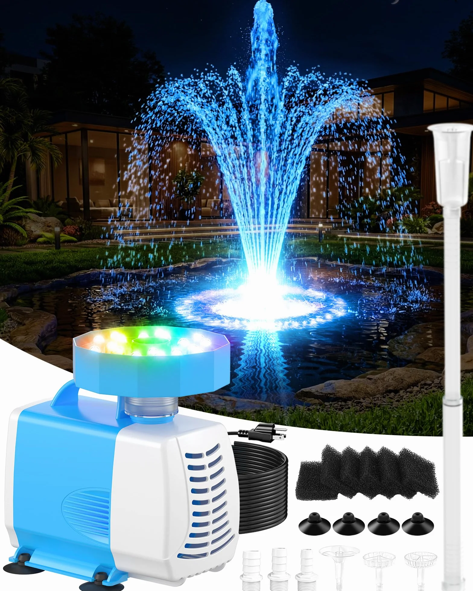 Luxfero Pompe pour Fontaine Extérieur avec Filtre, 3000 L/H, Lumières RGB, 3 Modes de Pulvérisation