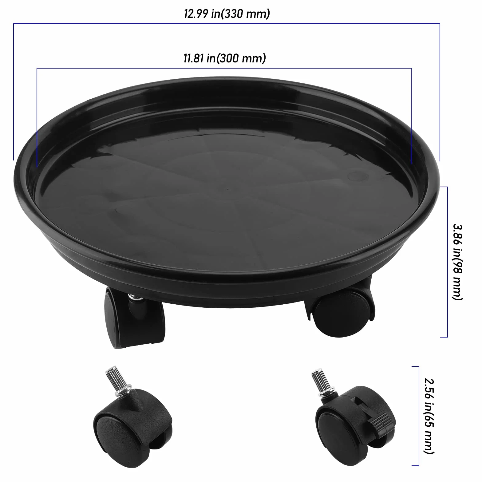 Lot de 3 Supports de Plantes à roulettes 30 cm - Chariot Mobile pour Plantes Intérieur Extérieur - Charge 50 kg - Noir