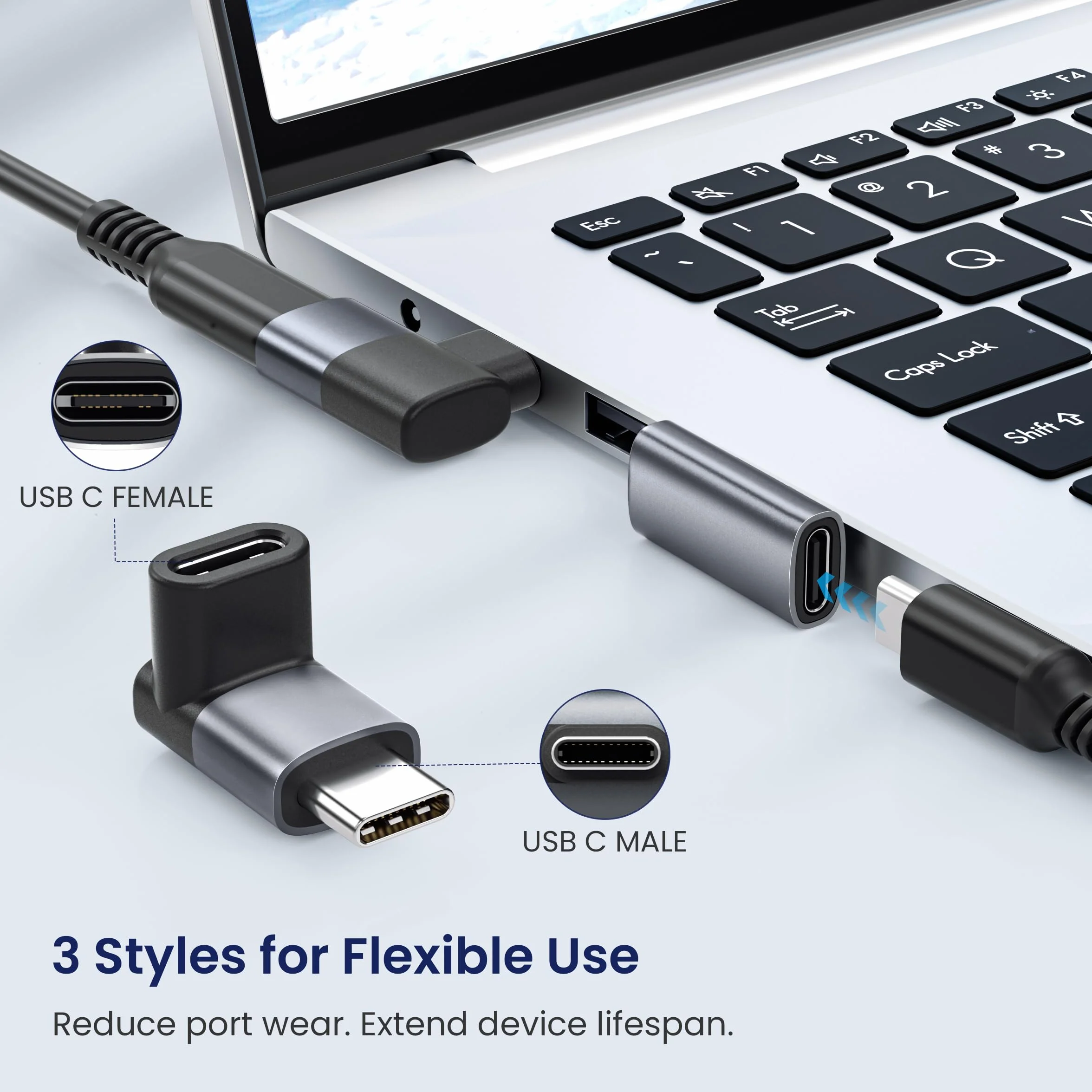 BASESAILOR Adaptateur USB C 90 Degrés 3Pack, PD 100W Convertisseur Angle Droit, USB4 40Gbps Thunderbolt 4 pour MacBook iPhone