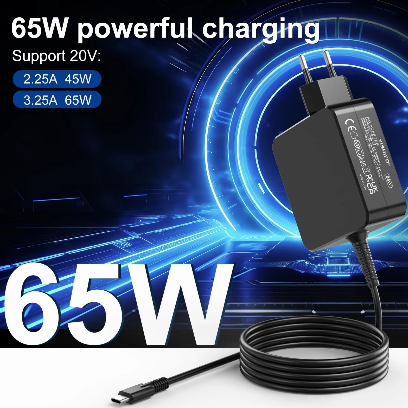 Chargeur USB C 65W pour ASUS Lenovo Thinkpad Yoga Huawei Matebook MacBook Pro Air HP Chromebook Acer Chromebook Google Samsung