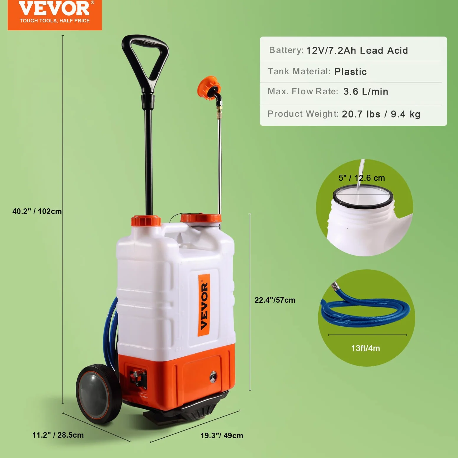 VEVOR Pulvérisateur à Dos avec Chariot, Pression réglable 0-94 PSI, réservoir 15 L sur Roues, avec 8 Buses, 2 Baguettes, Couvercle à Large Ouverture pour Jardin, désherbage, pulvérisation, Nettoyage
