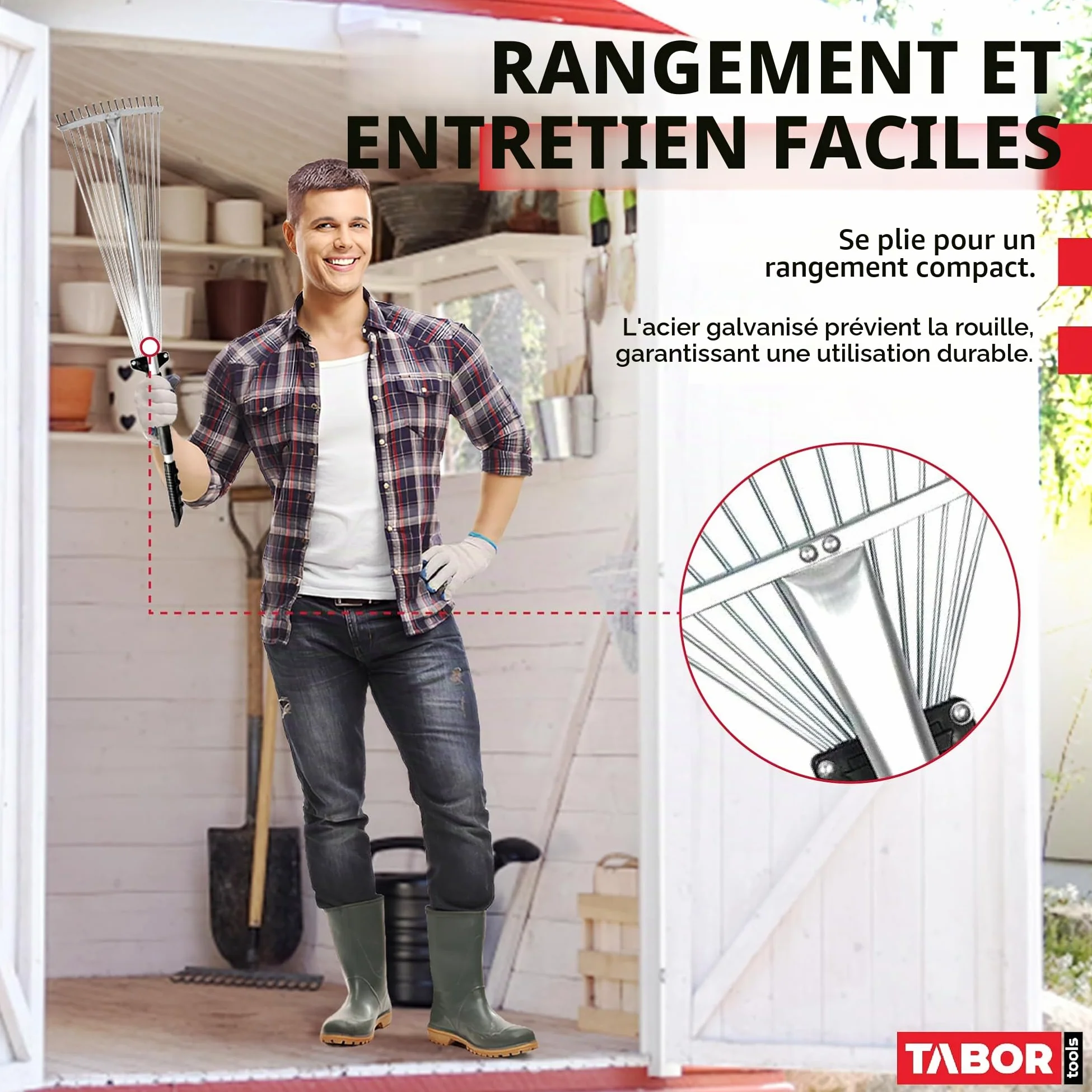TABOR Tools J16E Râteau télescopique en métal, 160 cm de Long, râteau à Feuilles Pliable réglable pour Un Nettoyage Rapide de la pelouse et de la Cour, râteau à Feuilles de Jardin, poignée Extensible