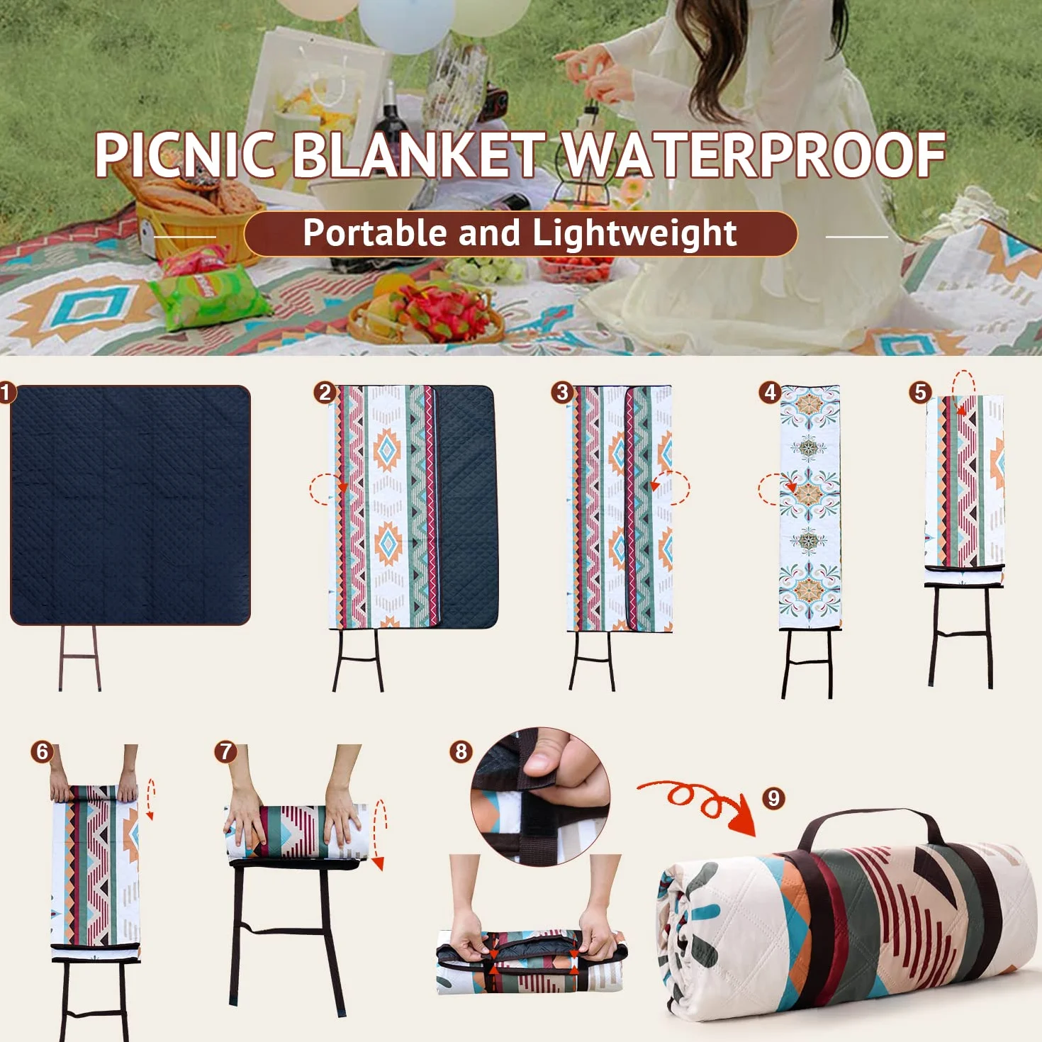 LARUTAN Grande couverture de pique-nique imperméable, 200 x 200 cm, tapis de plage avec poignée de transport, résistant au sable et à la chaleur, pour camping, plage, pique-nique familial, Seattle