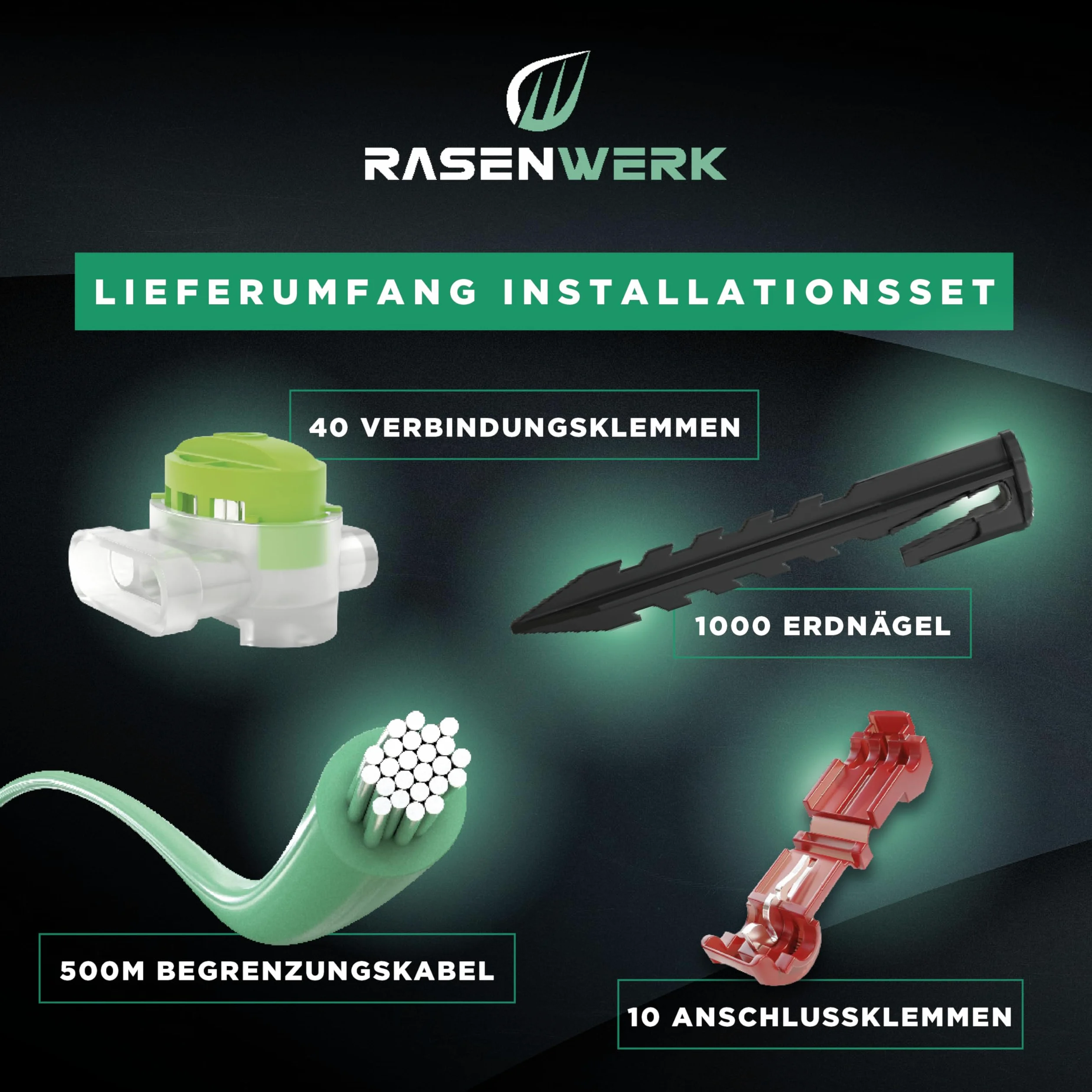 Kit d'installation de câble périphérique RASENWERK® pour robots de tonte - 1000 piquets - 40 pinces de connexion - 500m de câble périphérique pour robots de tonte - 3 pinces de connexion