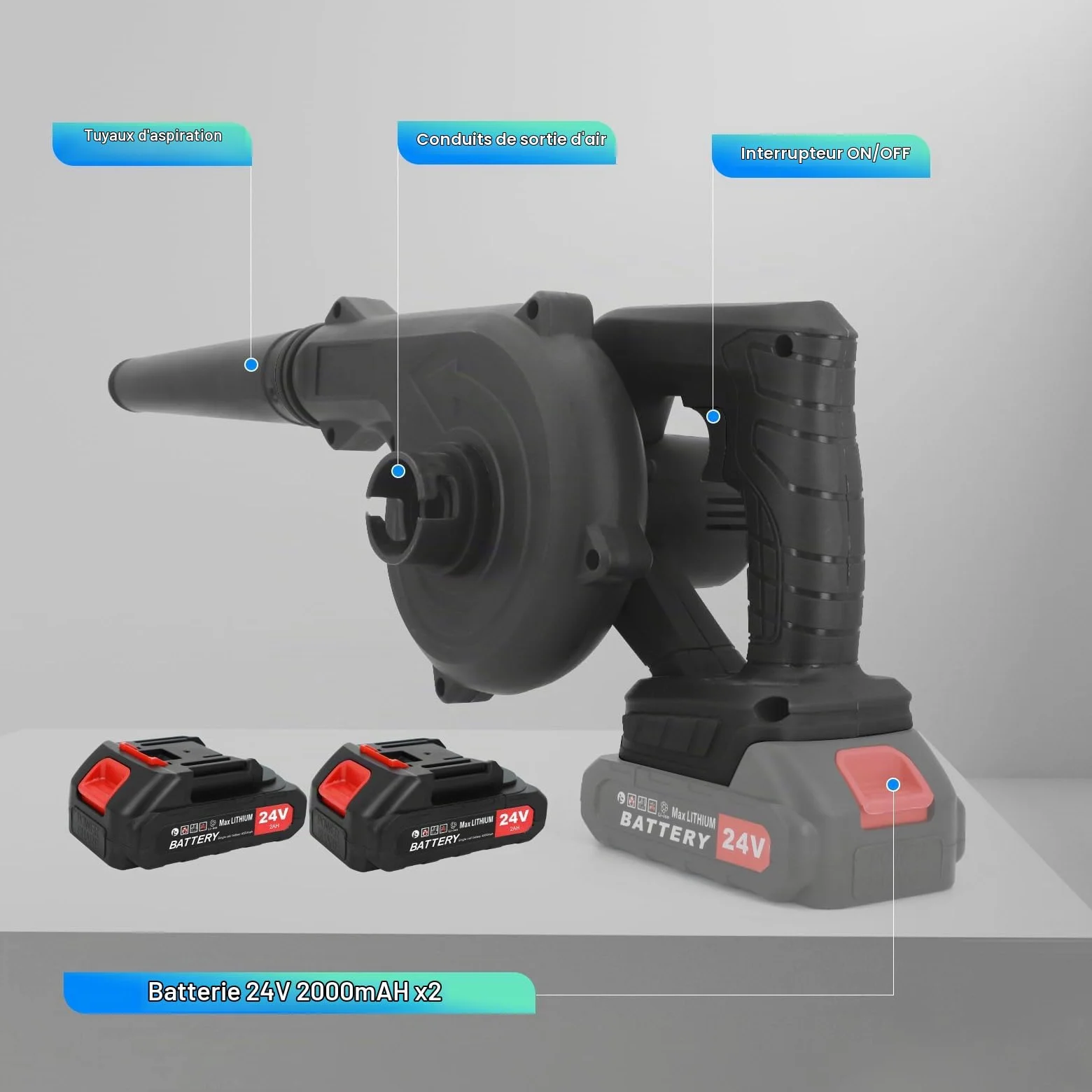 Souffleur de Feuilles sans Fil 24V – Lot 2 Accus 2000mAh & Chargeur | Moteur Brushless 20 000 tr/min et Flux 150 CFM.Il Nettoie Feuilles, Neige Légère, Poils D'animaux et Atelier en un Instant