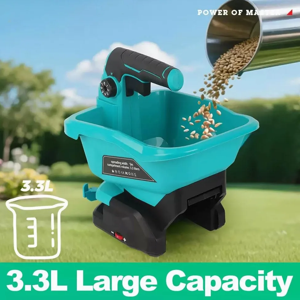 Épandeur d'engrais sans fil - Épandeur électrique portable pour pelouse - 3,3 l - Avec largeur d'épandage de 5 m - 6 vitesses, 8 niveaux de diffusion - Puissance de surface de 800 m² - Épandeur manuel