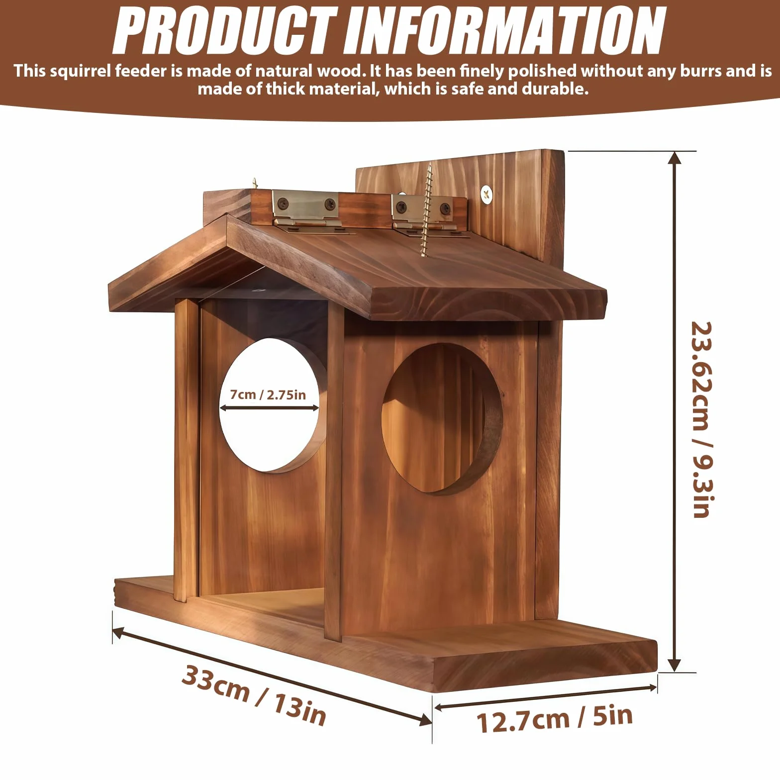 Mangeoire pour écureuils en bois résistant aux intempéries, stable et durable avec 2 entrées