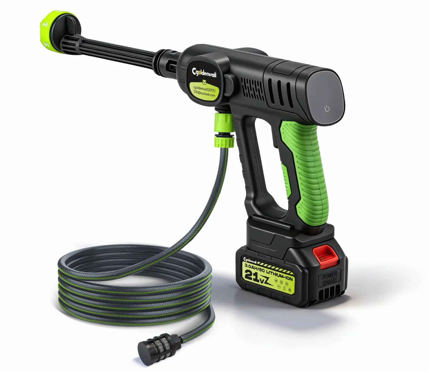CGOLDENWALL Nettoyeur Haute Pression sans Fil, 3 Vitesses, 2 Batteries 3Ah | Moteur sans Balais, Buse 6 en 1, 23–28 Bar，Débit de 5 L/Min, 3 Modes d’Alimentation, Tuyau 5m, pour Voiture, Terrasse, Jardin