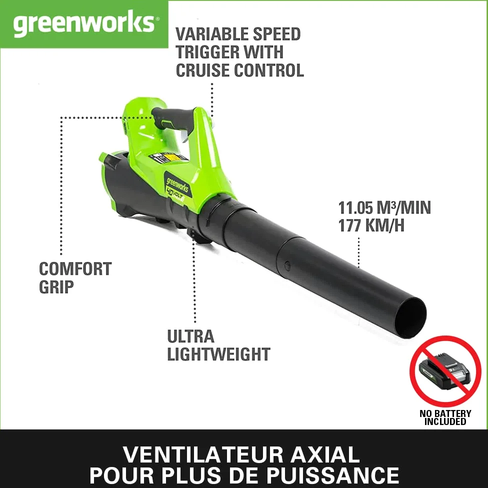 Greenworks 40V Souffleur à Batterie Axial de Feuilles Sans Fil, avec Régulateur de Vitesse, 177 km/h, 11,05 m³/min SANS Batterie Ni Chargeur, Garantie 3 Ans G40AB