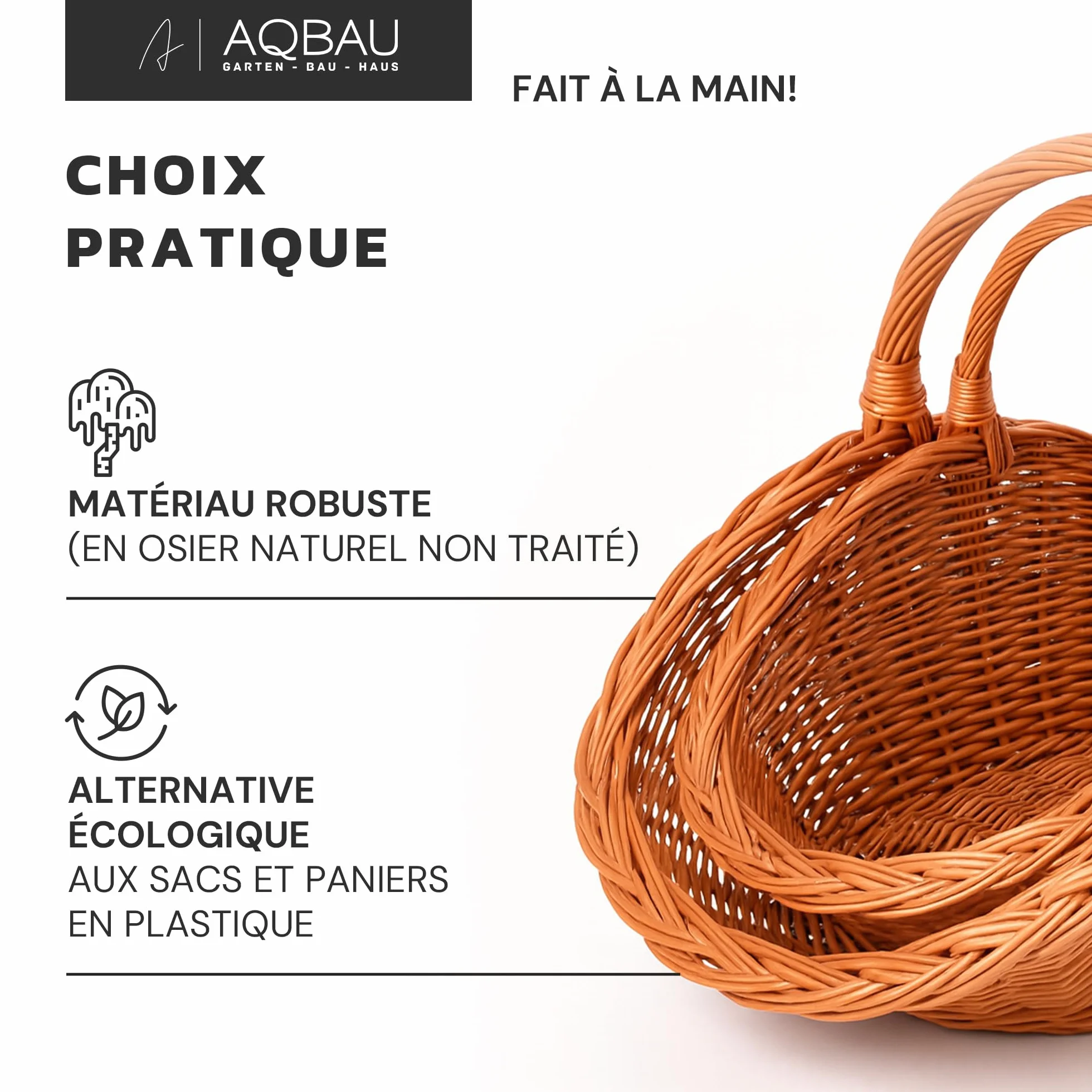 Panier à bois de cheminée en osier naturel fait main avec poignée – Lot de 2