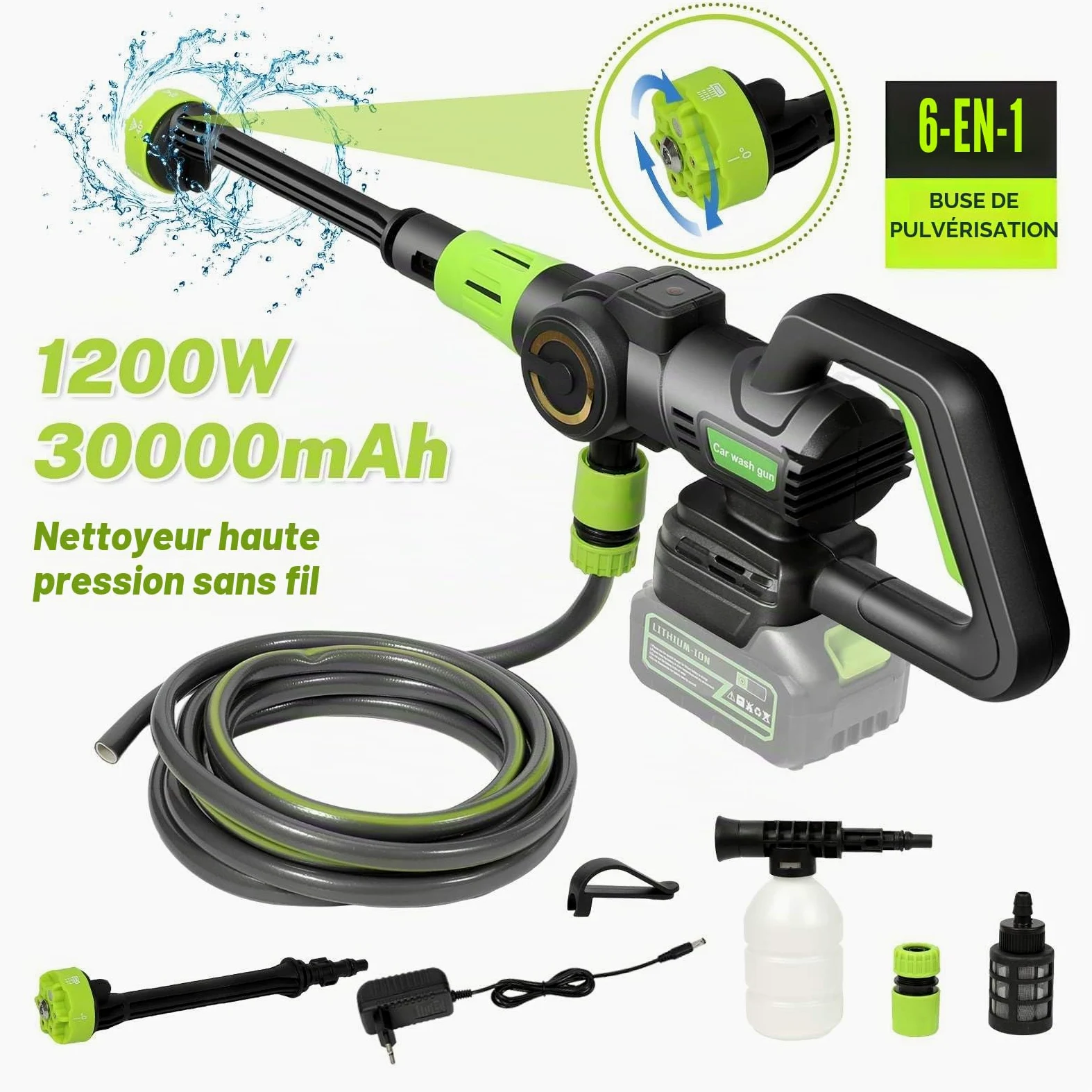 Nettoyeur Haute Pression sans Fil, Pressure Washer 3 Modes Max 120 Bars, Nettoyeur Haute Pression Portable avec 2 Batteries 3,0 Ah, Buse Réglable 6 en 1, Tuyau de 5 M, Nettoyage et Arrosage (Vert)