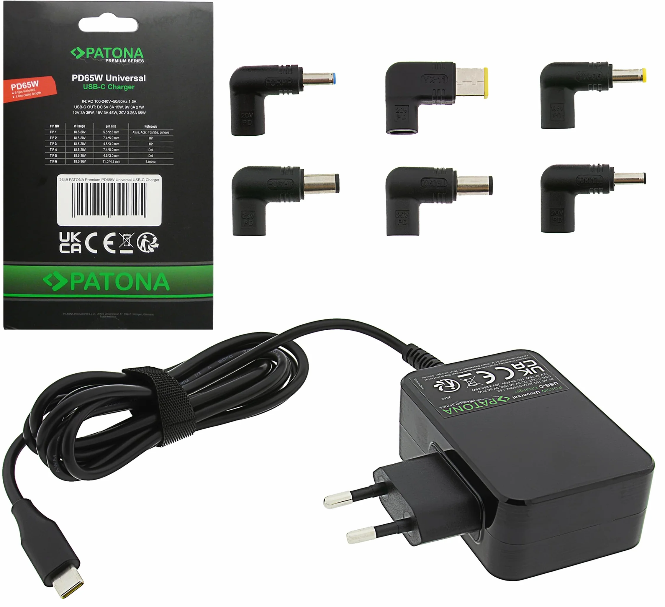 PATONA Adaptateur Secteur PD65W USB-C Power Delivery Chargeur Universel 100-240V Compatible ASUS Lenovo Dell HP