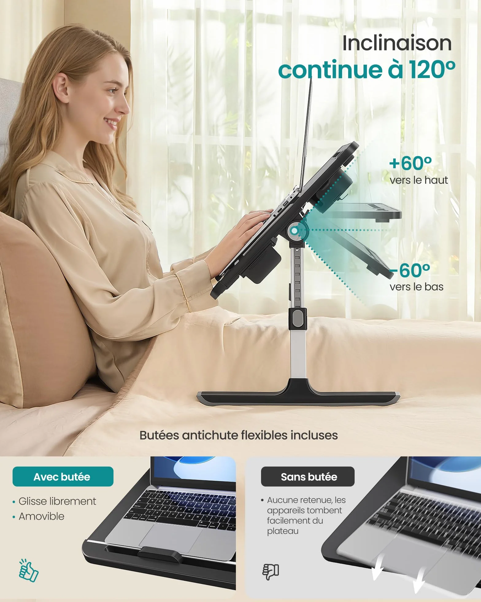 SONGMICS Table de Lit Pliable Plateau 56 x 40 cm Hauteur Réglable Inclinaison 120° Noir d’Encre