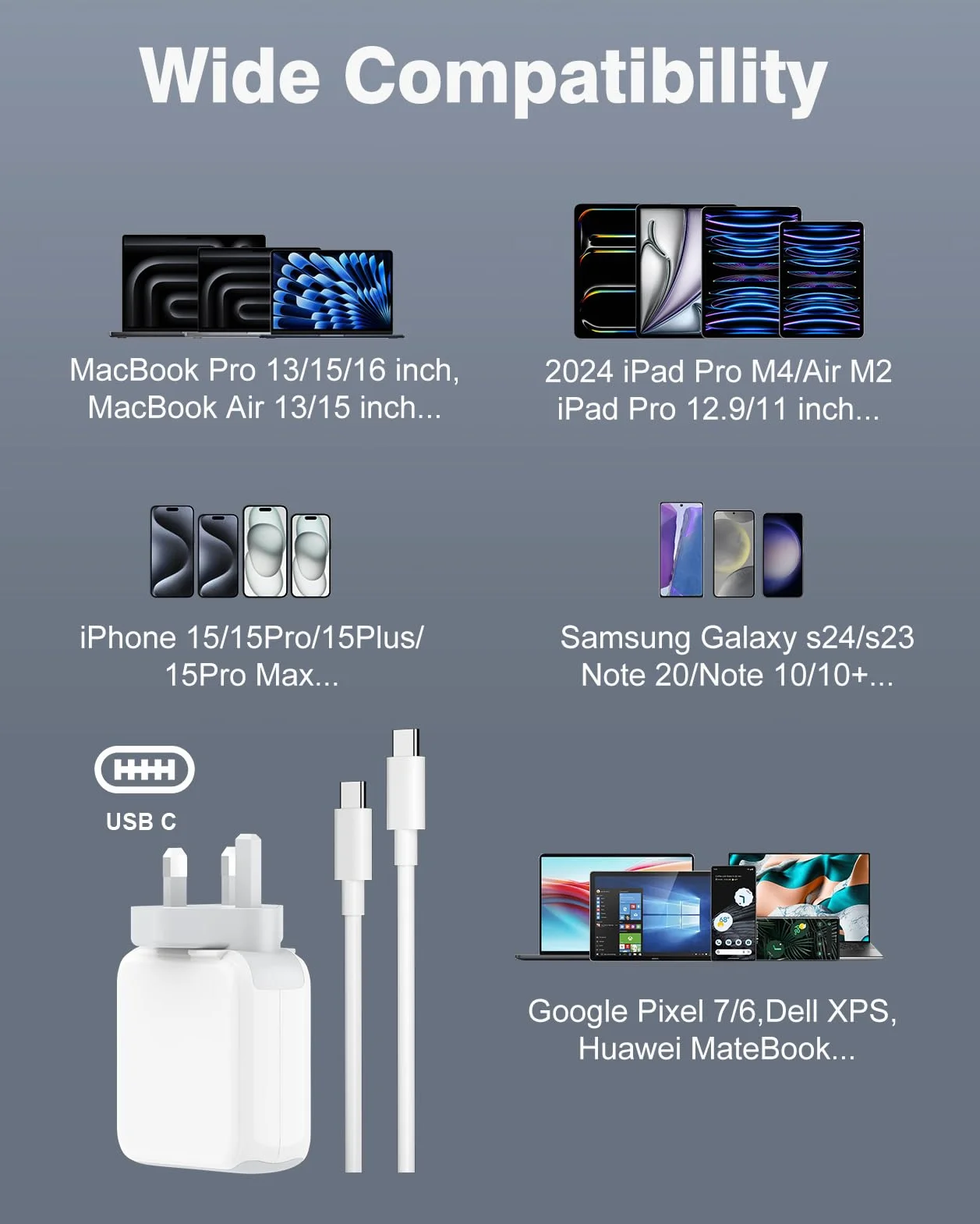 Chargeur USB C 70W Compatible MacBook Air Pro 13-16 Pouces M1 M2 M3 iPad 2020-2024