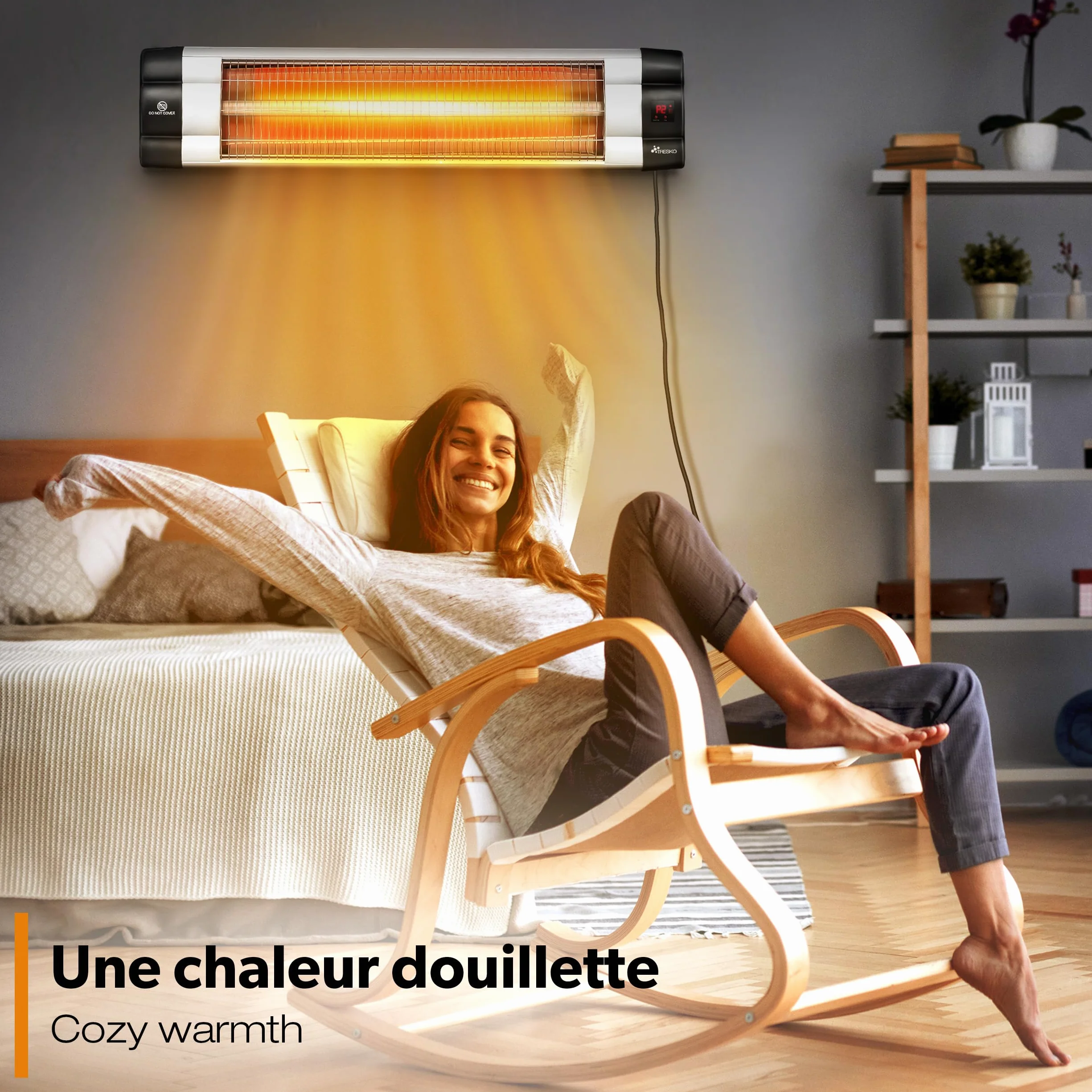 TRESKO Radiateur infrarouge extérieur 2500W Chauffage radiant terrasse murale télécommande 3 niveaux Argent
