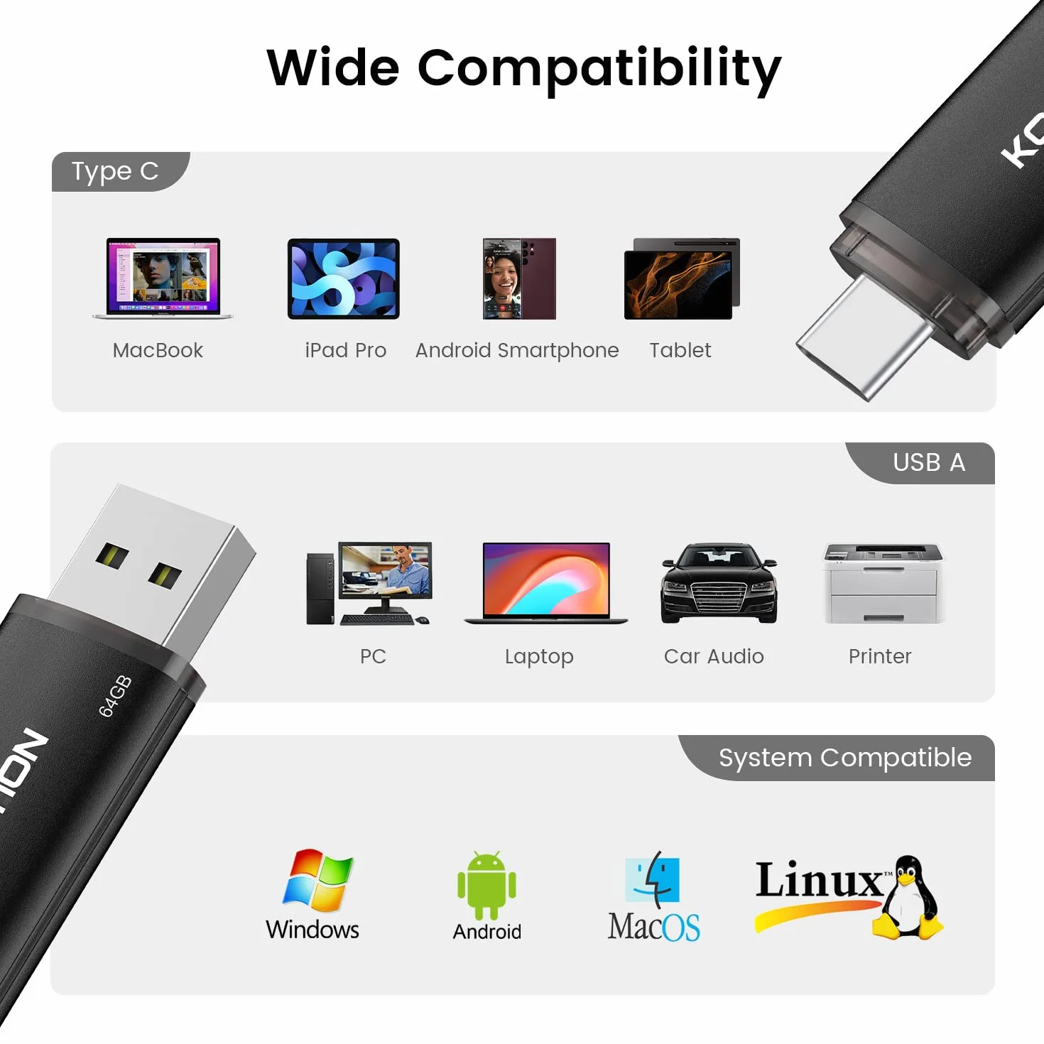 KOOTION Clé USB C 64 Go USB 2.0 OTG Noir