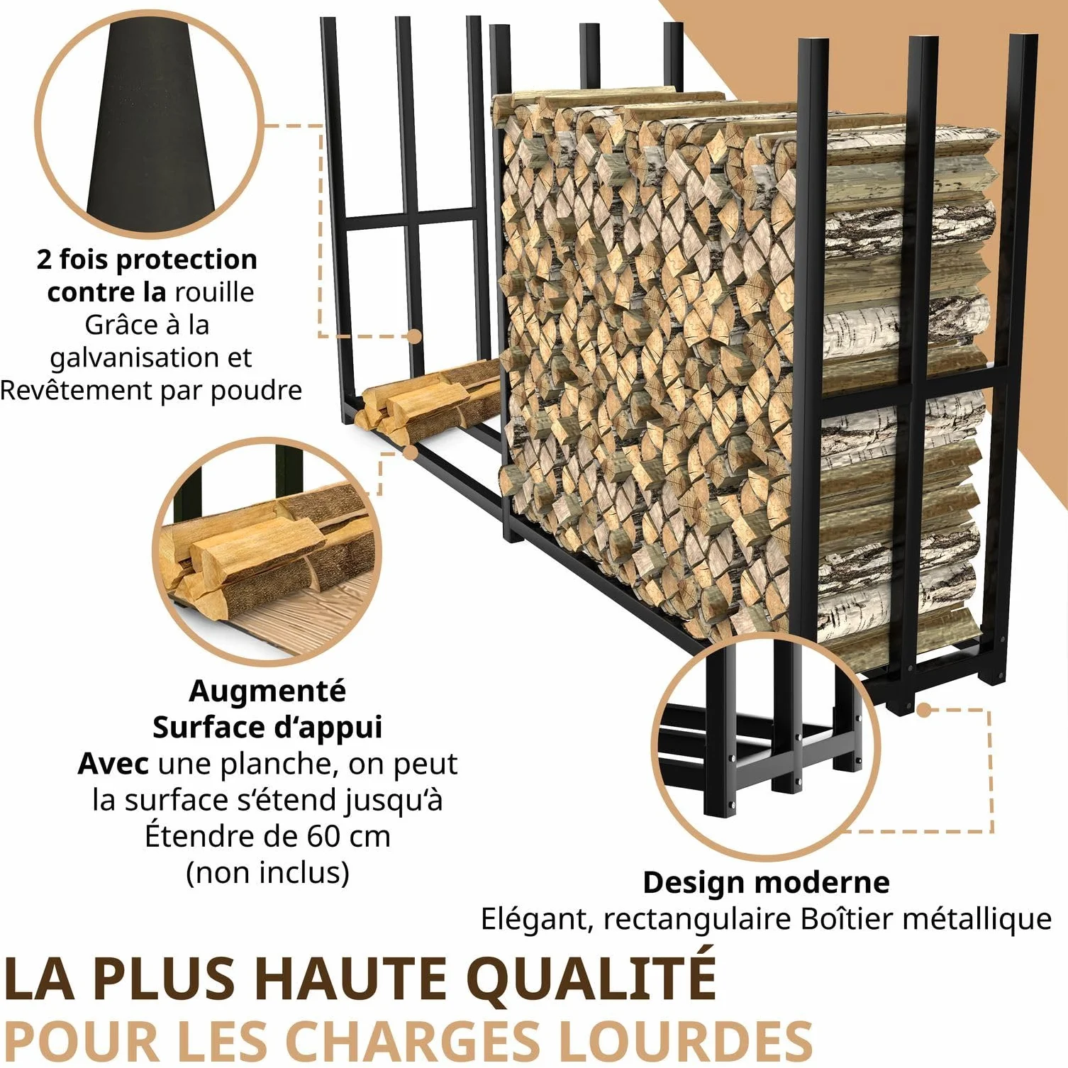 LAWA Porte-bûches extérieur métal galvanisé 223x50x115 cm Support 25-33 cm