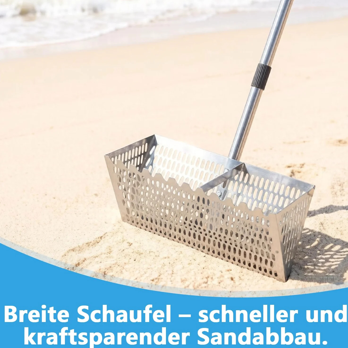 Râteau à sable de plage - Pelle à sable et tamis en acier inoxydable - Extra large - 40 cm de large avec dents de requin et manche amovible de 140 cm de long - Outil de chasse au trésor sur la plage