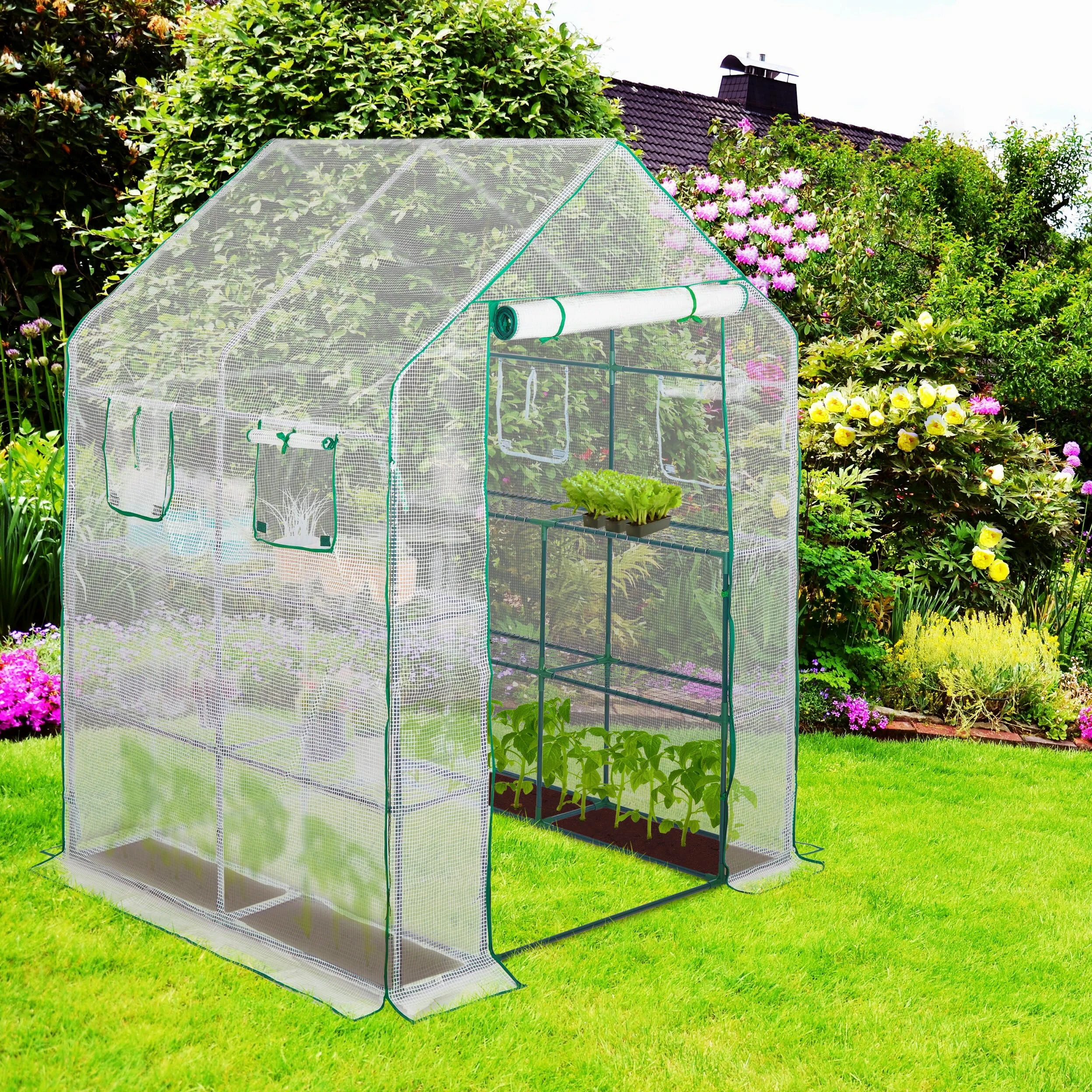 Relaxdays Serre de jardin 4 fenêtres serre tomates 2m² 2 étagères Tunnel Tente plantes HxlxP: 190x140x140cm, transparent