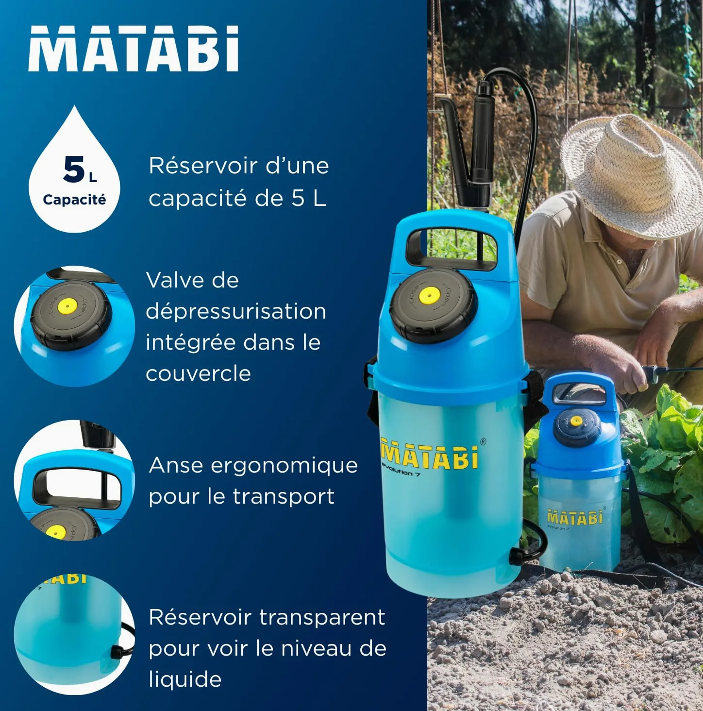 Matabi Evolution 7 - Pulvérisateur de Jardin 5L - Lance Fibre de Verre | Pulvérisateur manuel à pression préalable, tuyau 1,3 m, bouchon doseur intégré, pour potager et jardin
