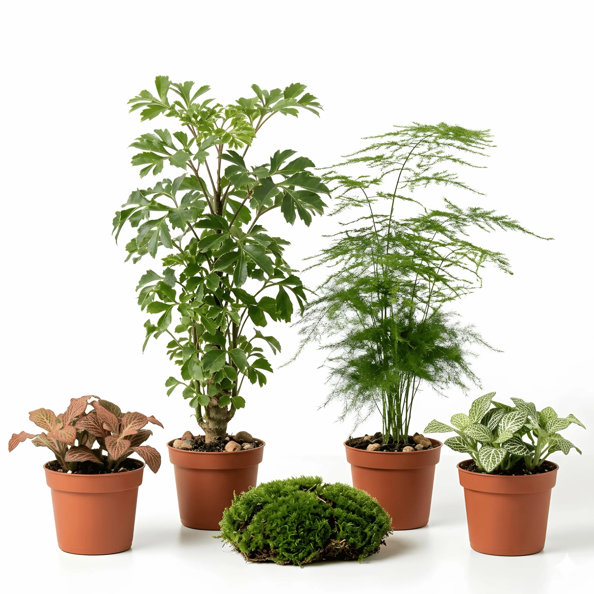 Plantes Terrarium Personnalisable Pack 5 – Ficus Ginseng Fittonia Hypoestes Coffea Mousse – Mini Plantes d'intérieur