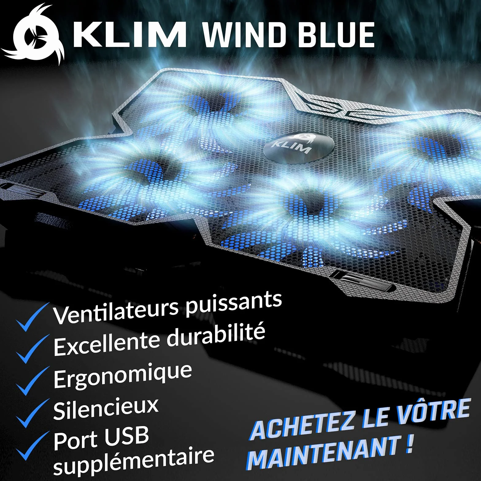 KLIM Wind Refroidisseur Ordinateur Portable 4 Ventilateurs Silencieux Bleu