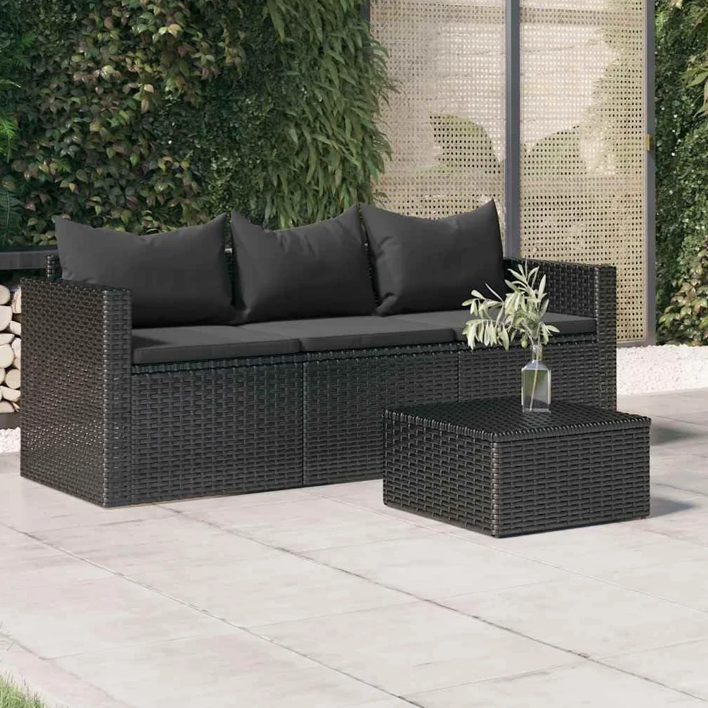 Canapé de jardin 3 places résine tressée noir avec coussins