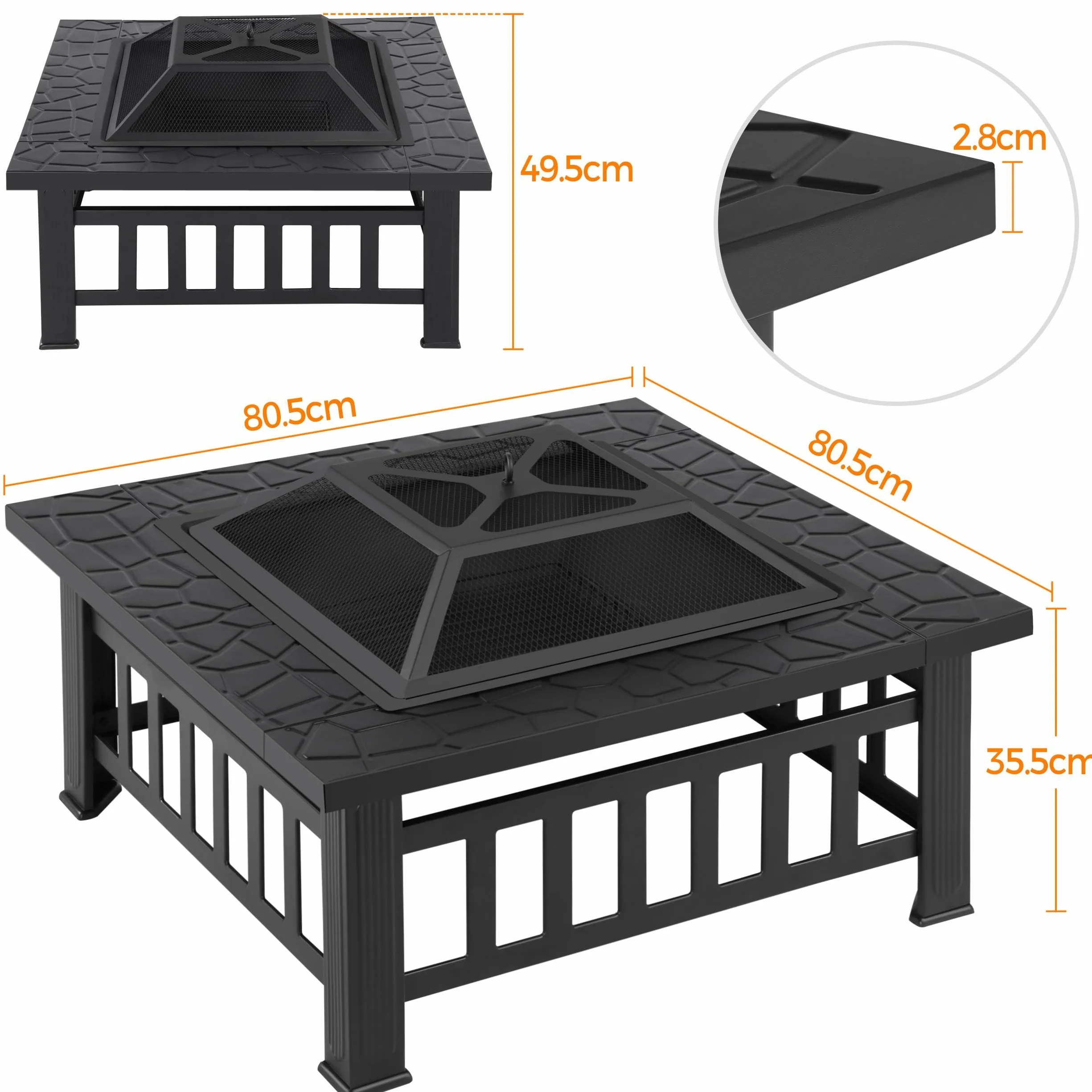 Yaheetech Brasero Extérieur 3 en 1 Carrée Multifonctionnelle 81x81x50cm pour Terrasse Balcon Poêles à Bois avec Couverture en Maille Poker Noir