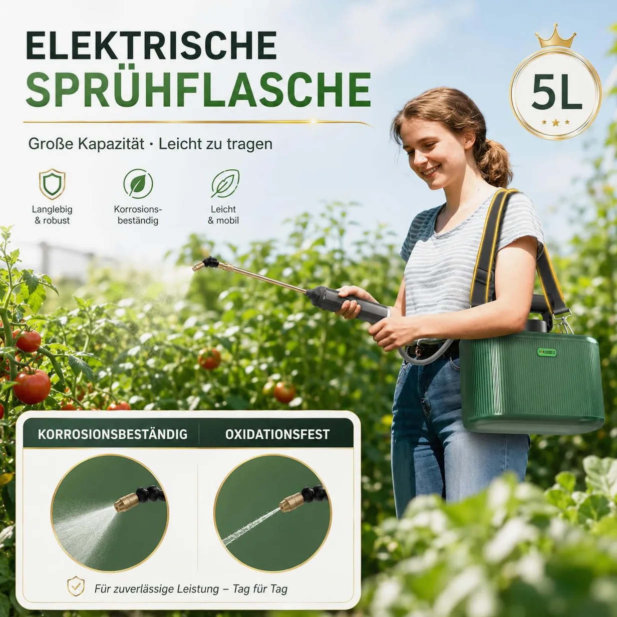 Pulvérisateur Électrique de Jardin 5L avec Lance Télescopique en Cuivre à 2 Modes + Lance INOX pour Douche, 2 Buses, Tuyau 1+3m, Batterie 2200mAh, Recharge USB-C, 2–3h d’Autonomie (5L)