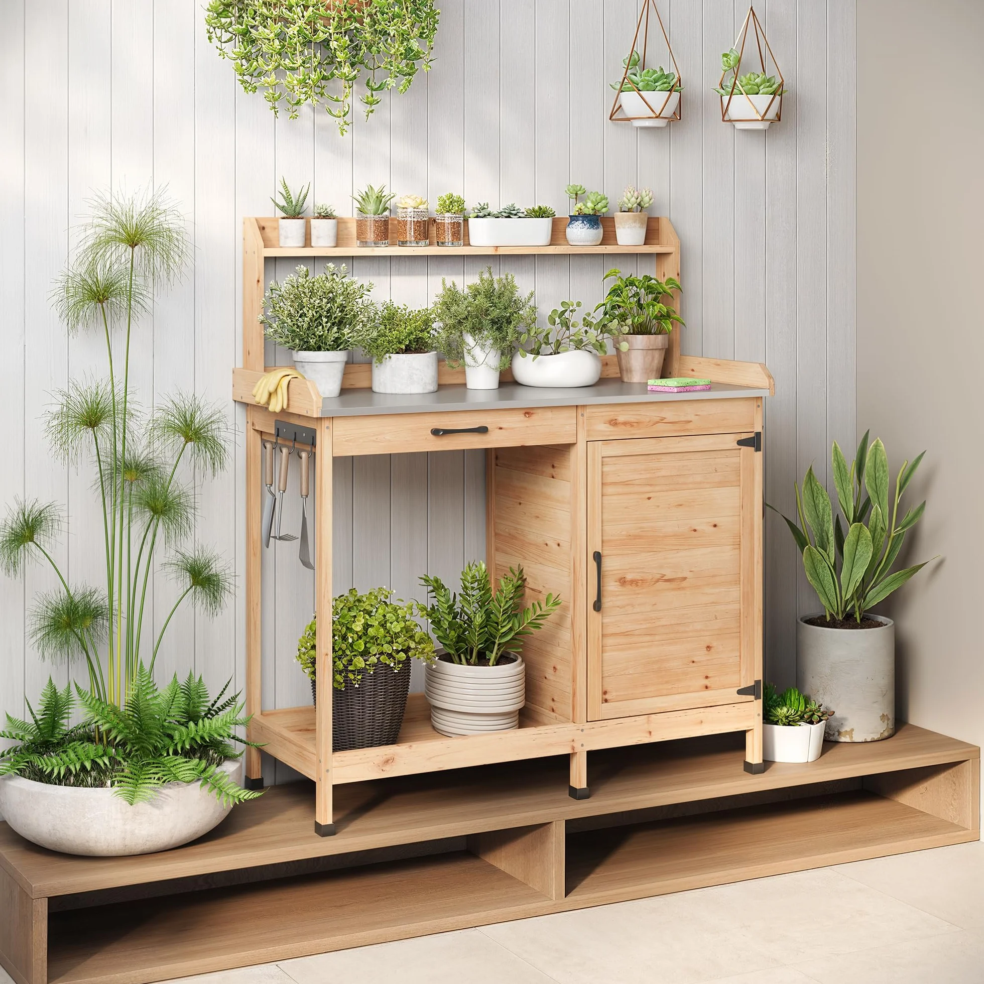 Table de Jardinage Bealife pour Plantes avec Banc, 111,6 x 46,5 x 125 cm, Naturel