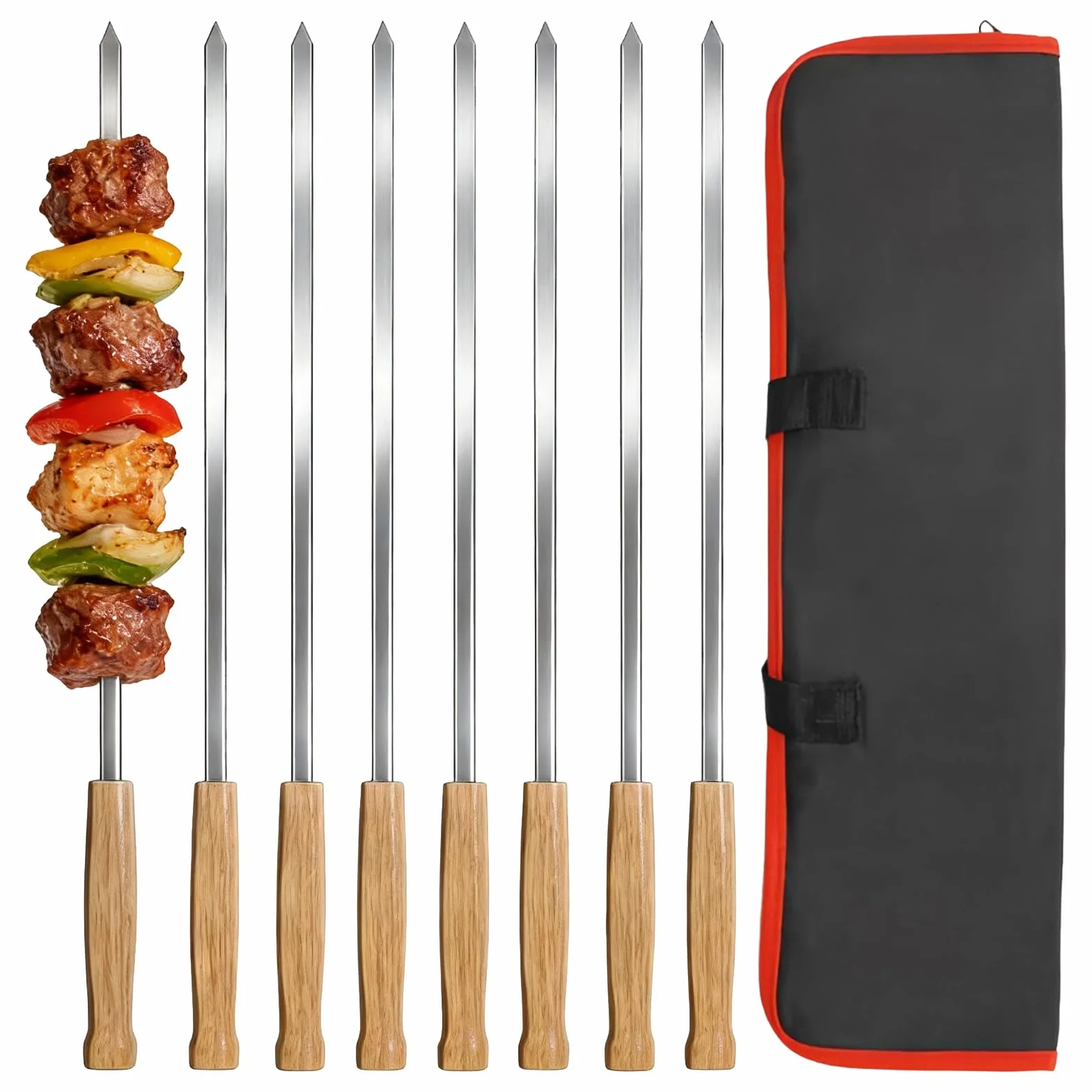 Brochettes barbecue acier inoxydable 410 44cm réutilisables manche chêne 8 pièces