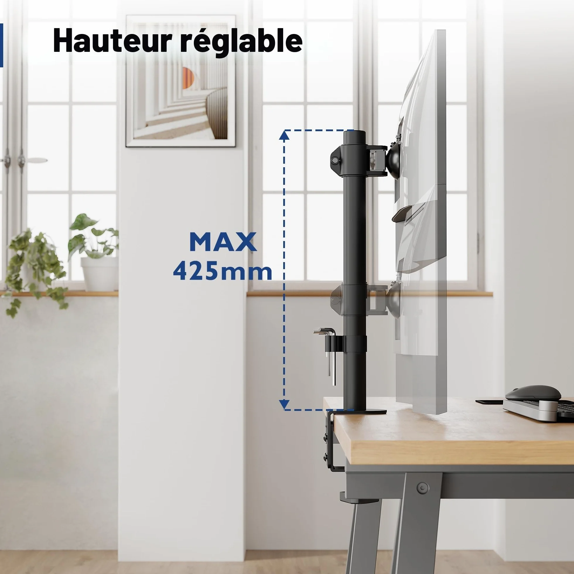 BONTEC Support Écran PC Réglable en Hauteur 425 mm, 10 kg, VESA 75/100, Rotation 360°, Inclinaison +/-15°, Double Montage