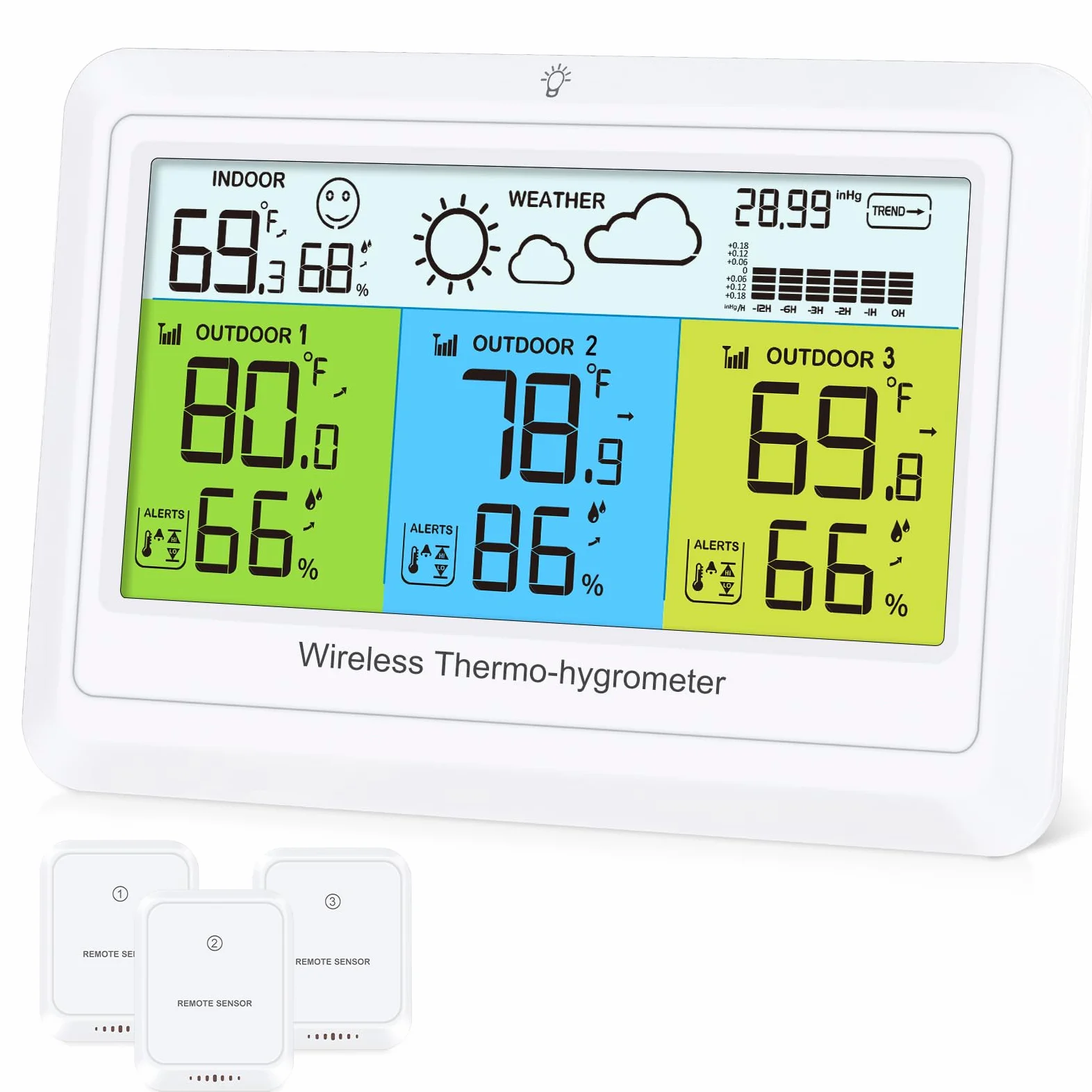 Station météo sans fil avec 3 capteurs extérieurs, écran LCD couleur avec prévisions météorologiques, pression atmosphérique, thermomètre intérieur extérieur, portée jusqu'à 100 m, blanche