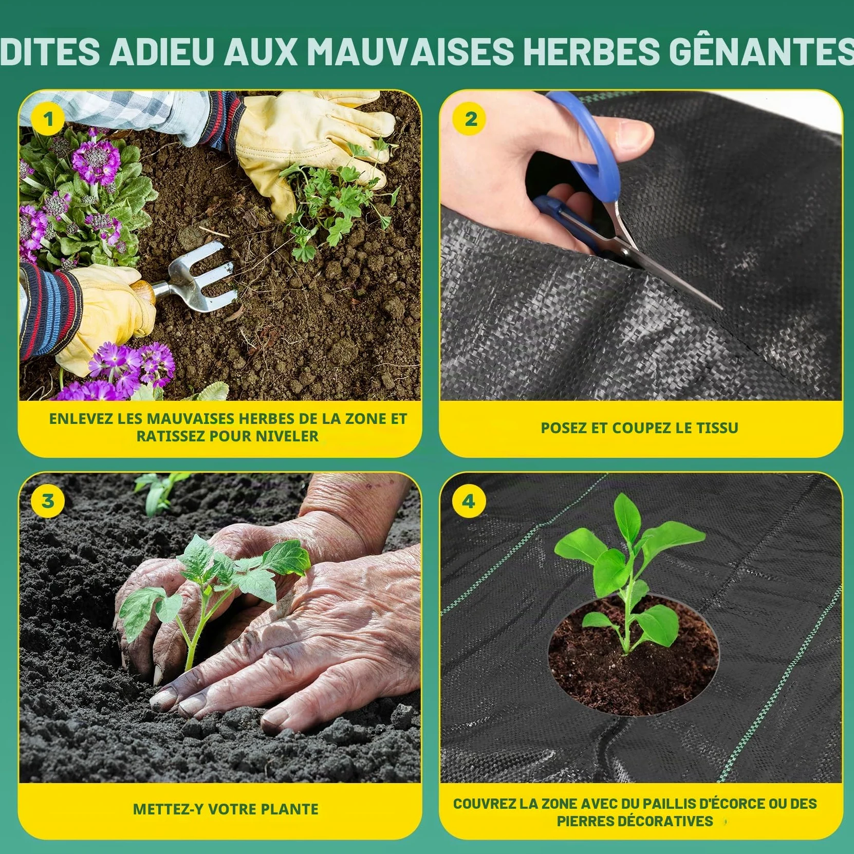 Membrane anti-mauvaises herbes 4 x 10 m – Avec 30 piquets de jardin – Tissu de barrière anti-mauvaises herbes robuste pour paysage, jardin, tissu perméable à l'eau