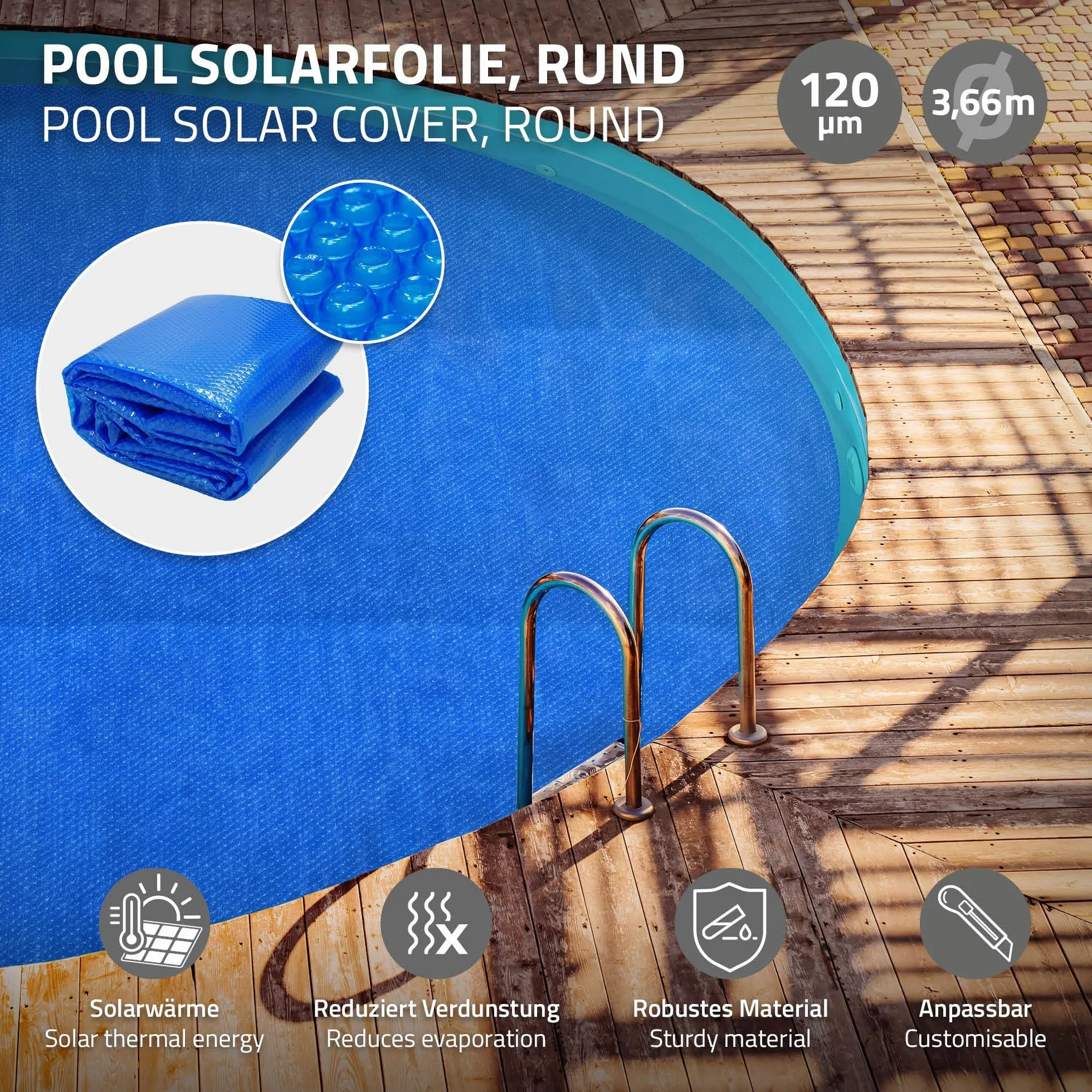ECD Germany Bâche Solaire de Piscine Ronde Ø 366 cm Bleue, 120µm, Film à Bulles Découpable