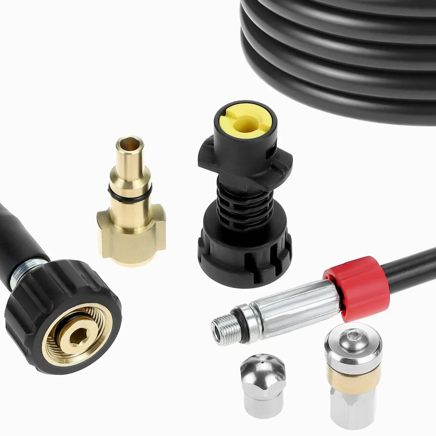 QWORK® Kit Tuyau Déboucheur Canalisation (15m, 180 bar/2600PSI) pour Nettoyeur Haute Pression – Compatible avec Karcher, Parkside, Lavor et Bosch Professional, Inclut Buse Fixe et Buse Rotative