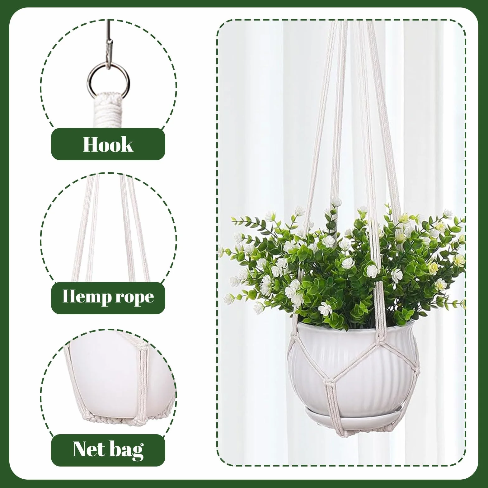 Suspensions pour Plantes en Macramé Lot de 3, Crochets Inclus, Support Intérieur Extérieur, Style Boho, Ivoire