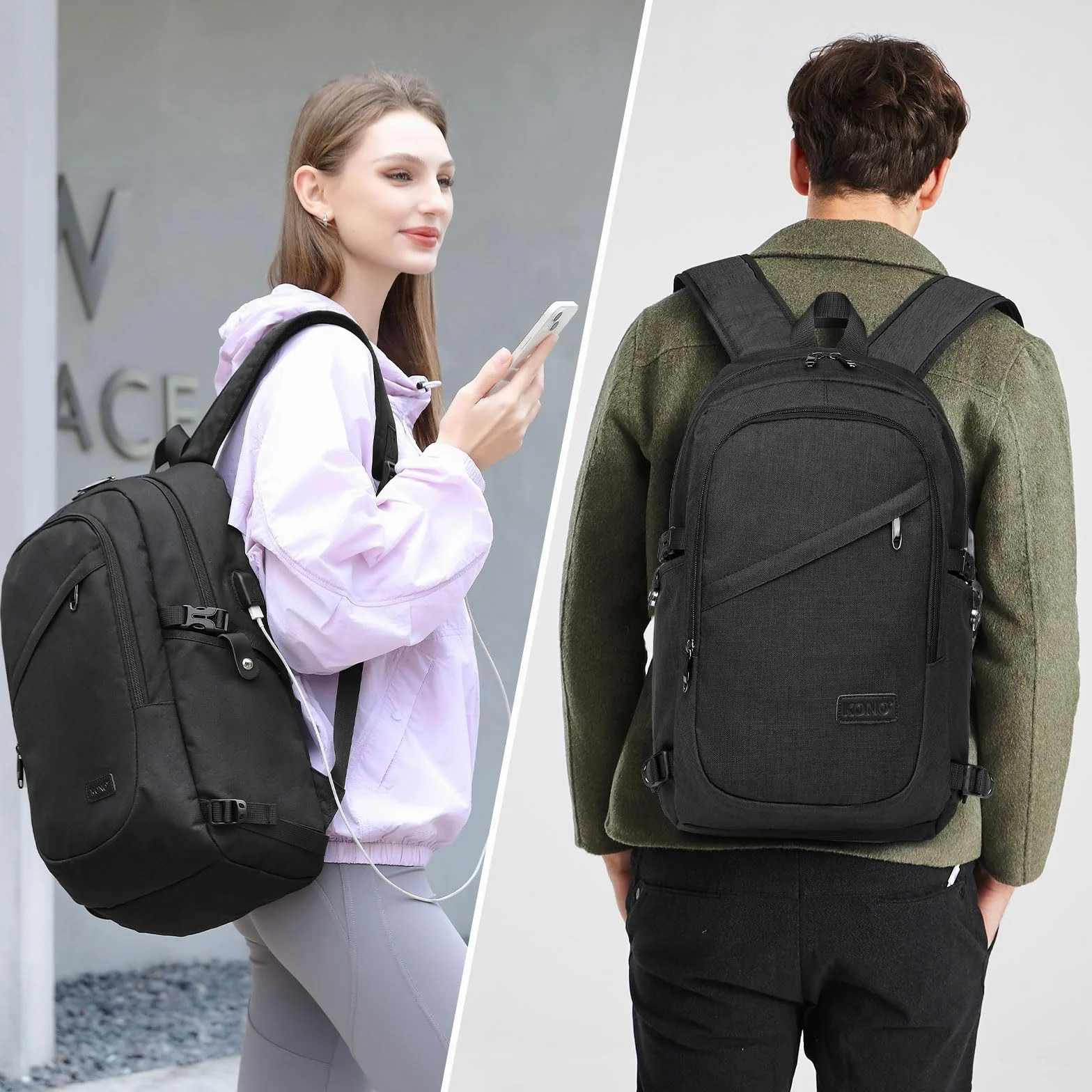 Sac à Dos Ordinateur Portable 15.6 Pouces Antivol avec Cadenas et Port USB, Imperméable Voyage Travail Vélotaf Scolaire Homme Femme Noir