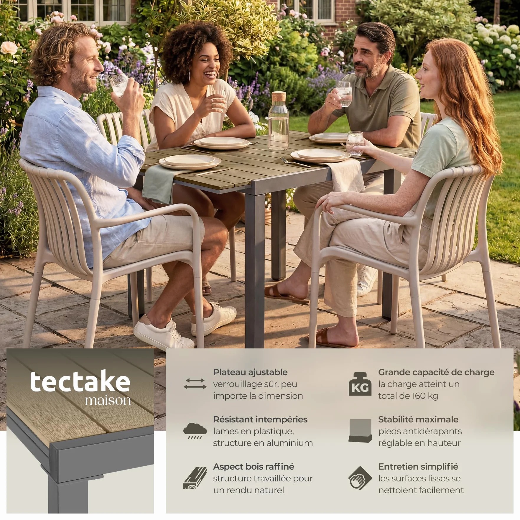 Tectake Table de Jardin Extensible Aluminium 80-120 x 80 x 74 cm 4-6 Personnes