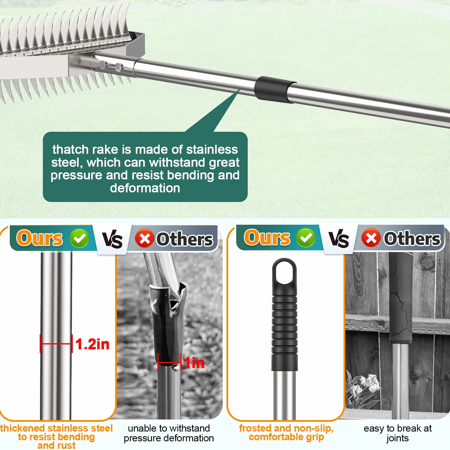 Scarificateur à Gazon Manuel 39,5 cm – Râteau Scarificateur Large avec Manche Ajustable 167 cm, Acier Inoxydable, pour Enlever Mousse, Gazon Mort, Feuilles & Débris