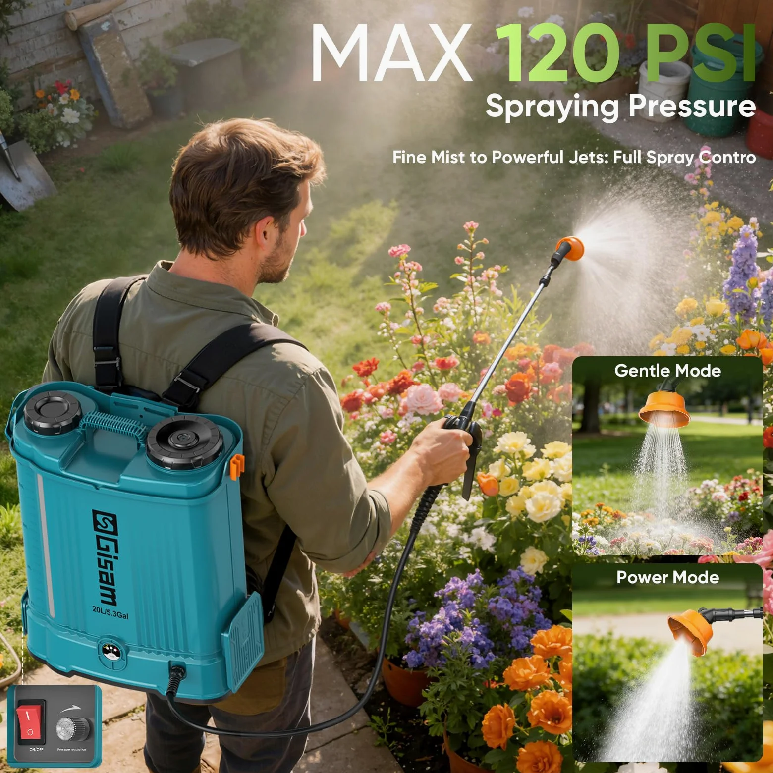 20L Pulverisateur Electrique, Pulvérisateur de Jardin 120 PSI avec 2 * 2.0Ah, 5 Buses, Perche Télescopique pour L'arrosage, La pulvérisation de Pesticides et Le Nettoyage D'appareils (Bleu-1)