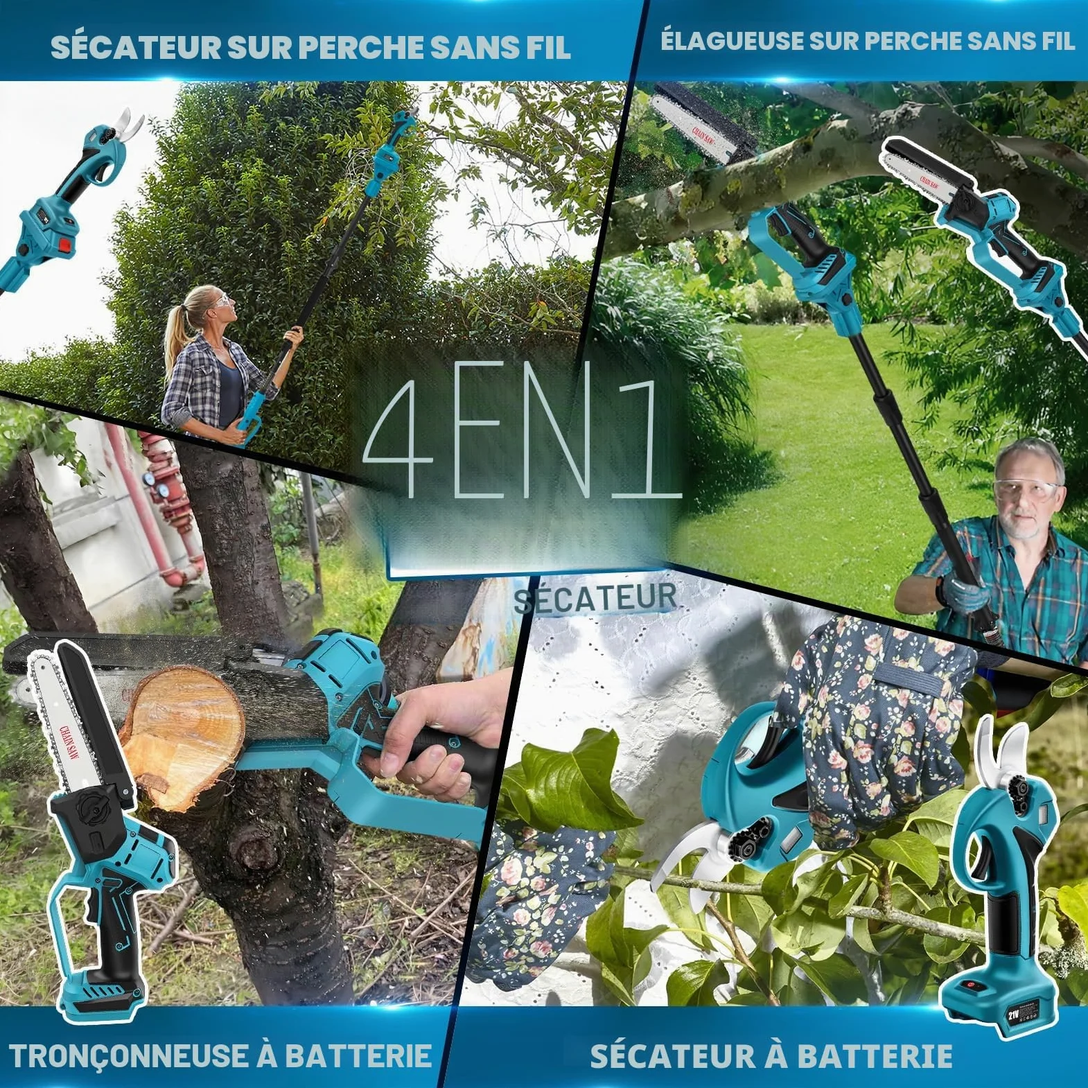 4 en1 Perche Élagueuse Tronçonneuse Télescopique Compatible avec Makita 18V | sans batteries 6 Pouces perche élagueuse sans Fil, Sécateur électrique vec Perche Secateur à Batterie Professionnel