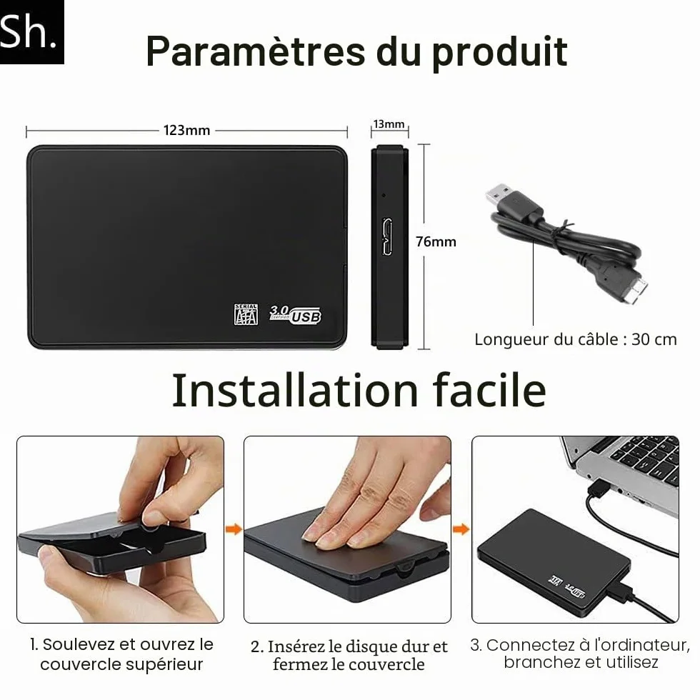 Boîtier Disque Dur Externe 2,5" SATA USB 3.0 HDD SSD Portable 5Gbps UASP Noir