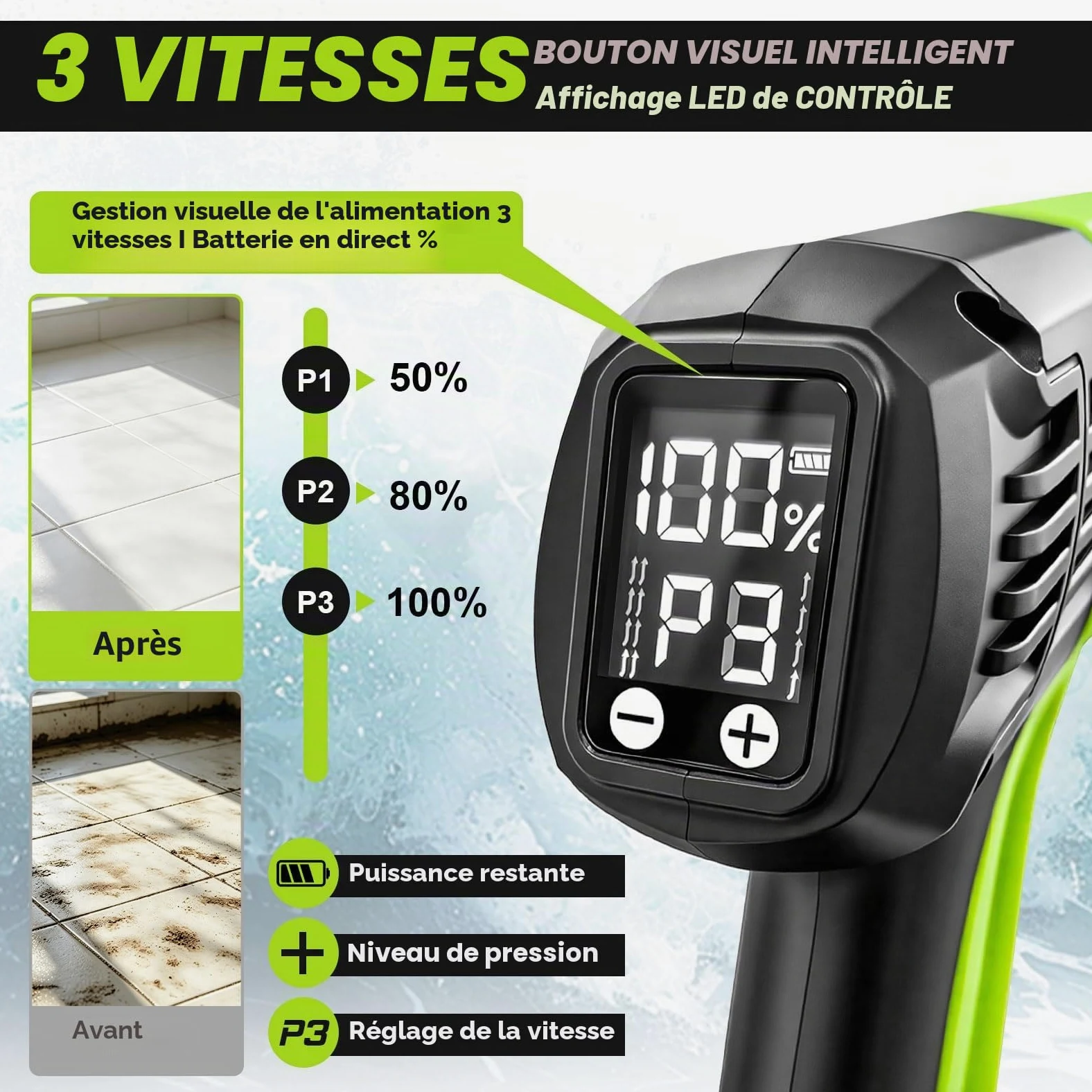 100 Bar Nettoyeur Haute Pression sans Fil avec 2*Batteries 4.0Ah, Moteur sans Balais, Mode 3 Vitesses, Nettoyeur Haute Pression avec Pompe, buse 5 en 1 pivotante à 180°, Tuyau de 5 m