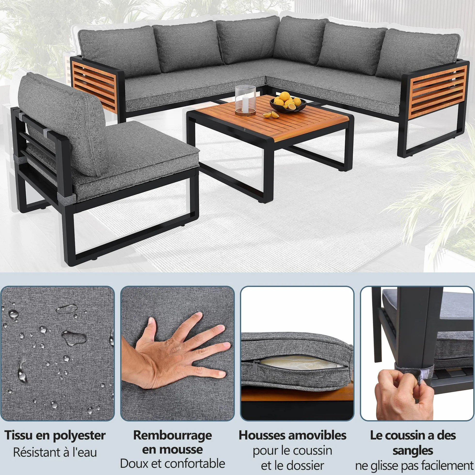 Ensemble Salon de Jardin Exterieur 5-6 Places, Mobilier de Jardin en Métal avec Structure en Fer Zinc et Accoudoirs en Bois, Canapé d'angle Modulable, Table Basse en Bois Massif